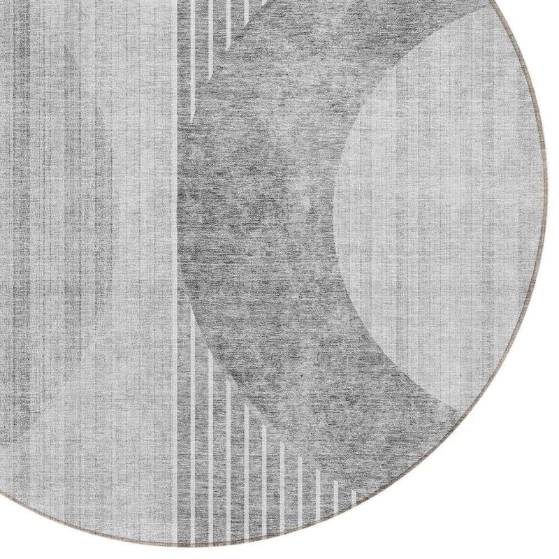 8' Gray Silver And Charcoal Round Geometric Washable Indoor Outdoor Area Rug