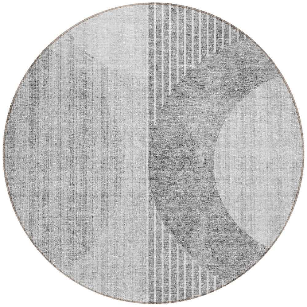8' Gray Silver And Charcoal Round Geometric Washable Indoor Outdoor Area Rug