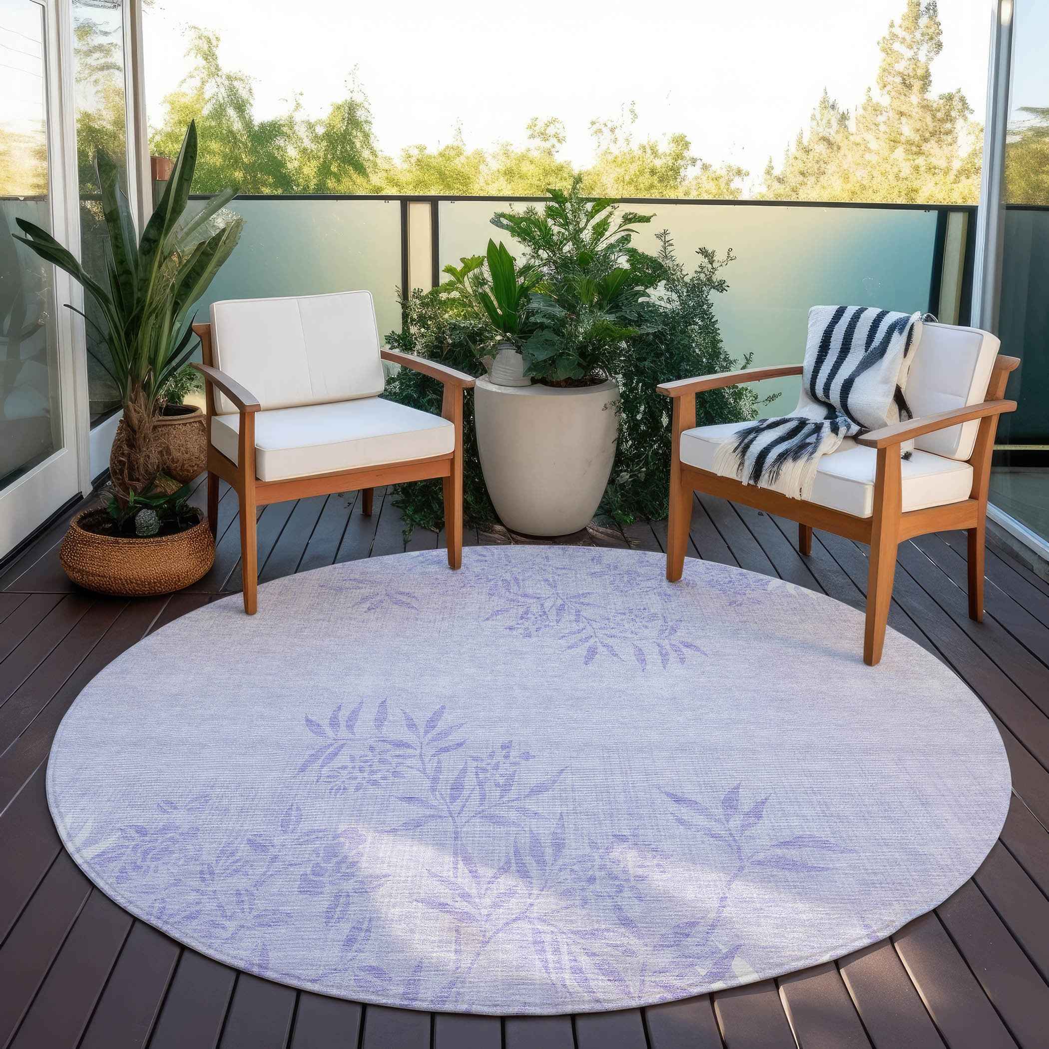 8' Lilac Purple And Ivory Round Floral Washable Indoor Outdoor Area Rug