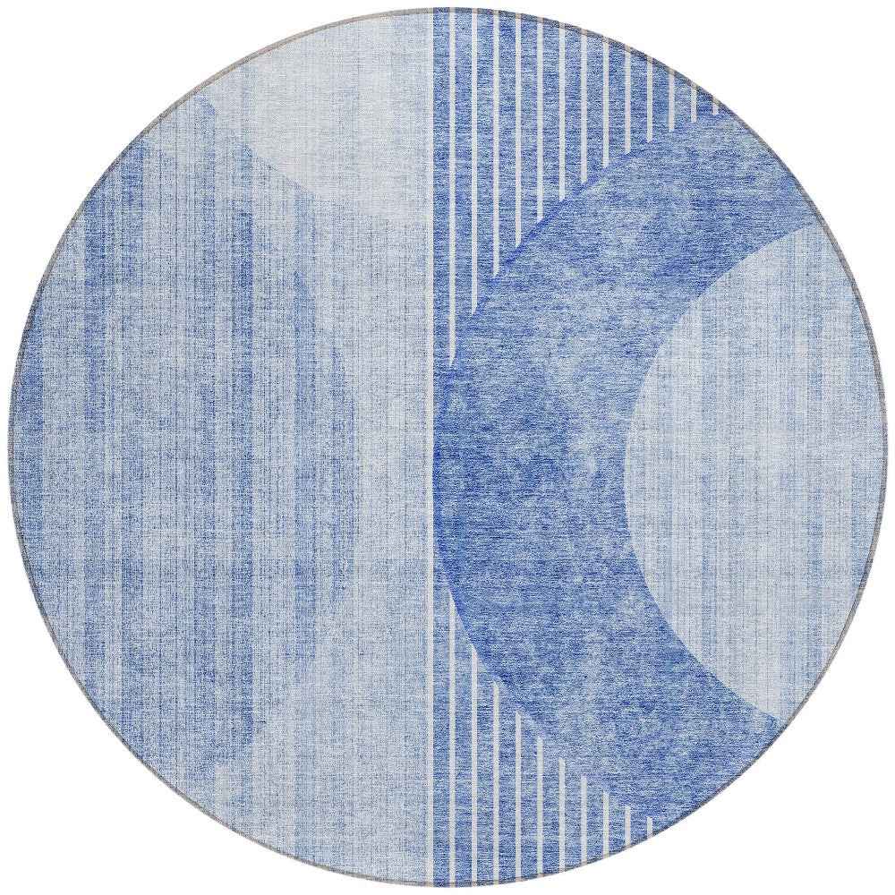8' Denim Blue And Sky Blue Round Geometric Washable Indoor Outdoor Area Rug
