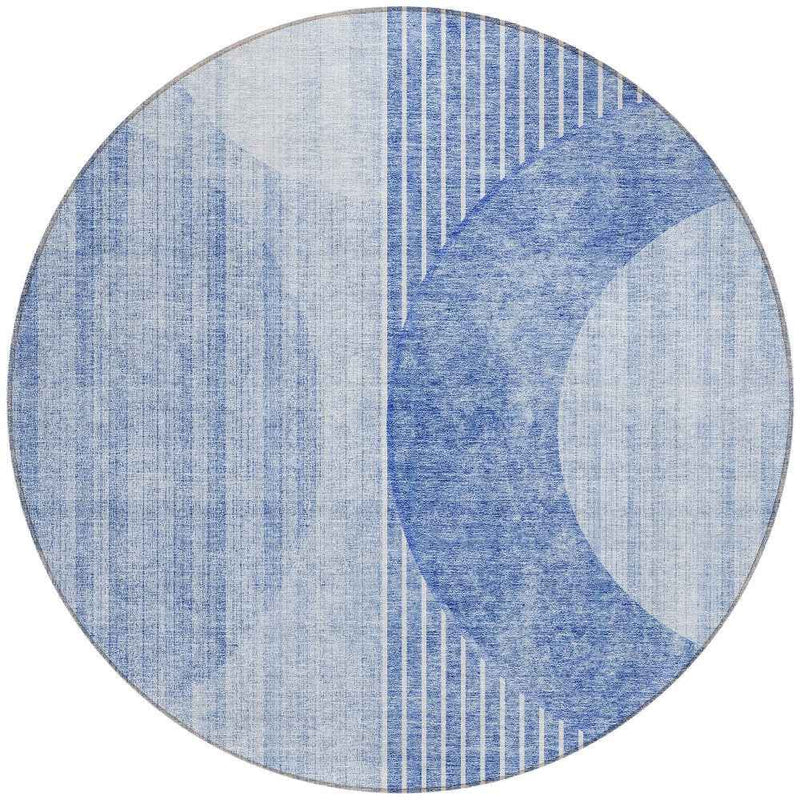 8' Denim Blue And Sky Blue Round Geometric Washable Indoor Outdoor Area Rug