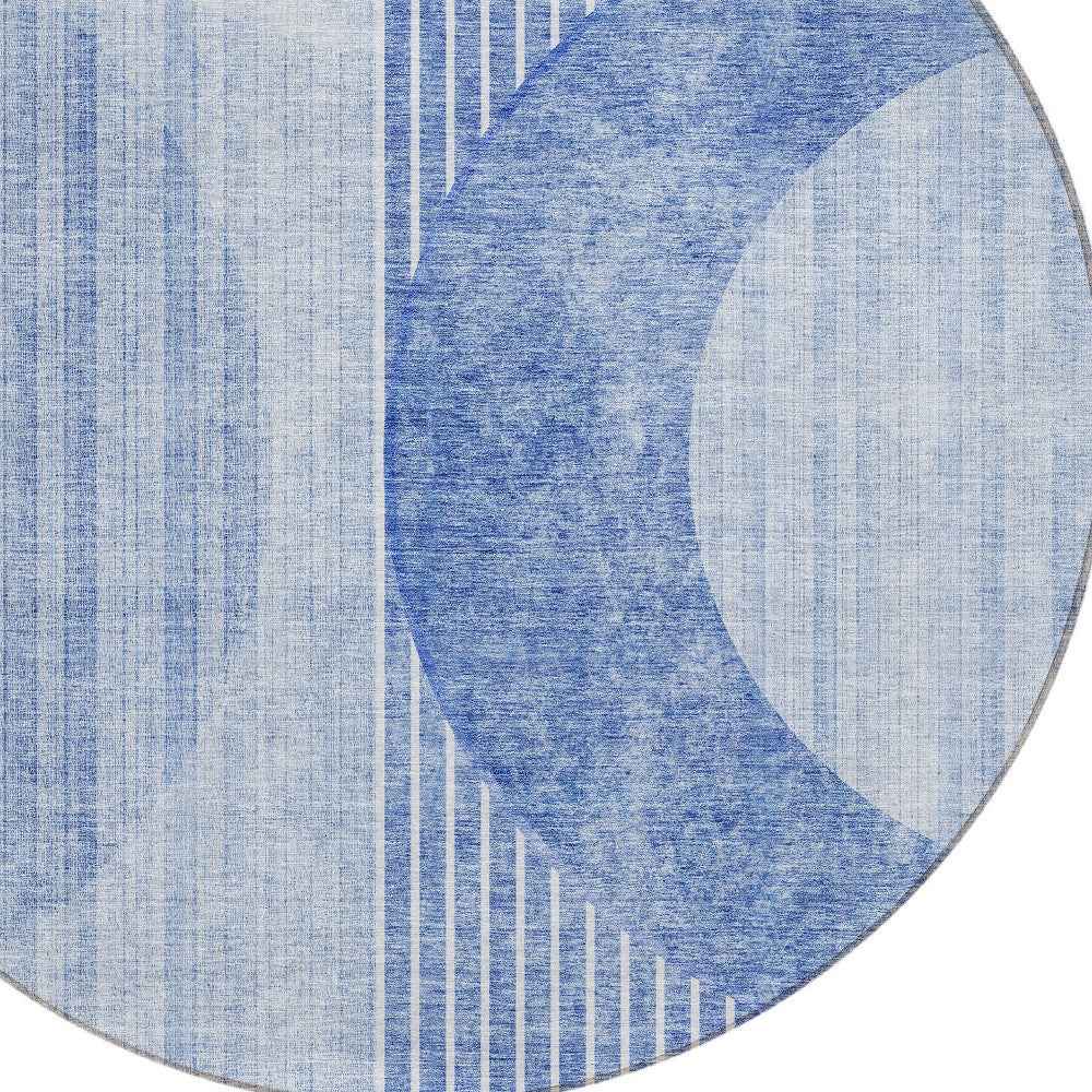 8' Denim Blue And Sky Blue Round Geometric Washable Indoor Outdoor Area Rug