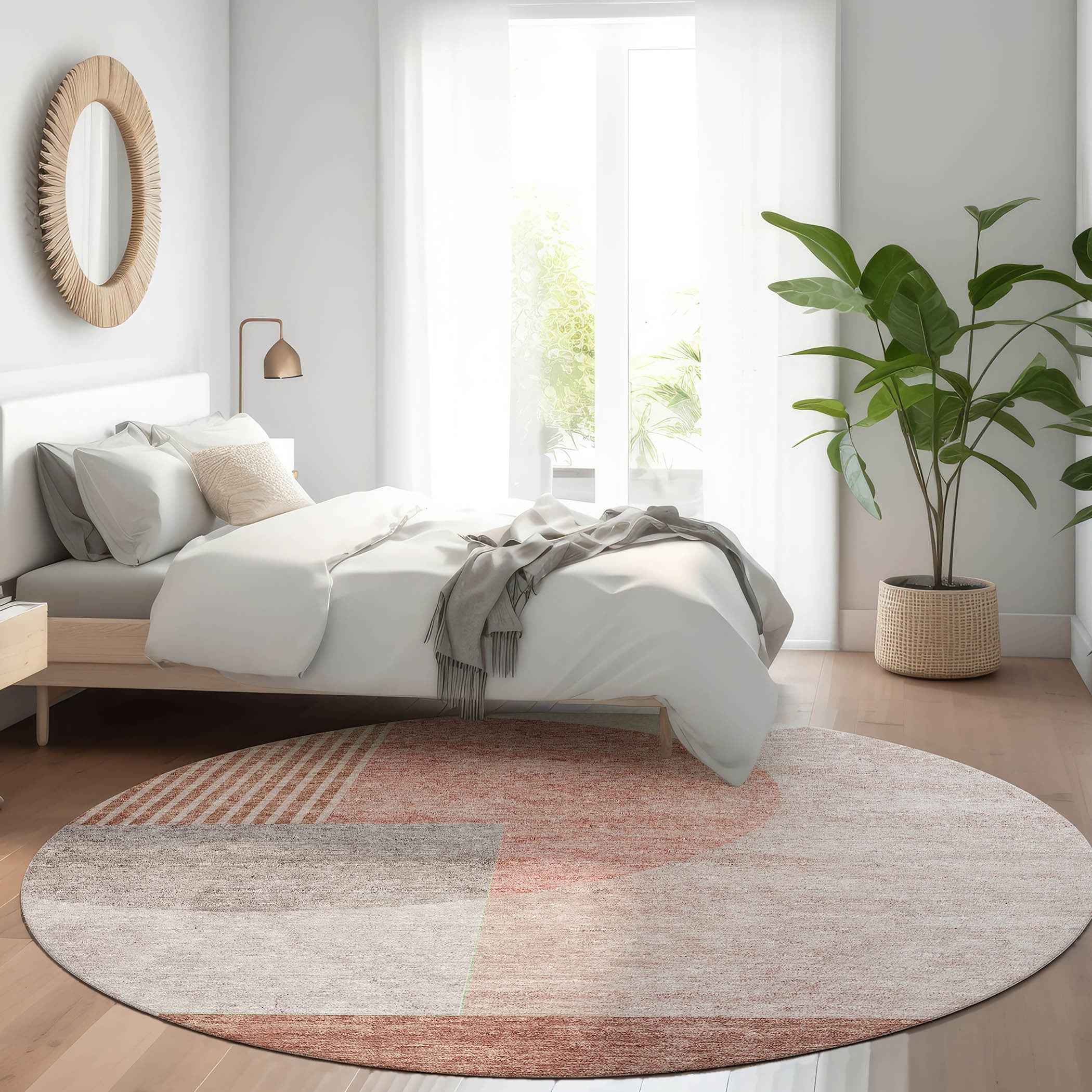 8' Copper Red And Gray Round Geometric Washable Indoor Outdoor Area Rug