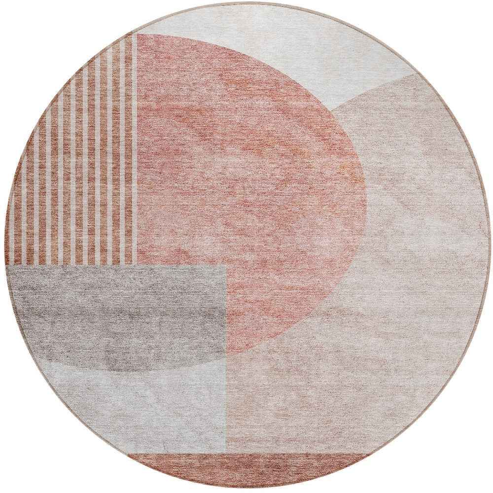 8' Copper Red And Gray Round Geometric Washable Indoor Outdoor Area Rug