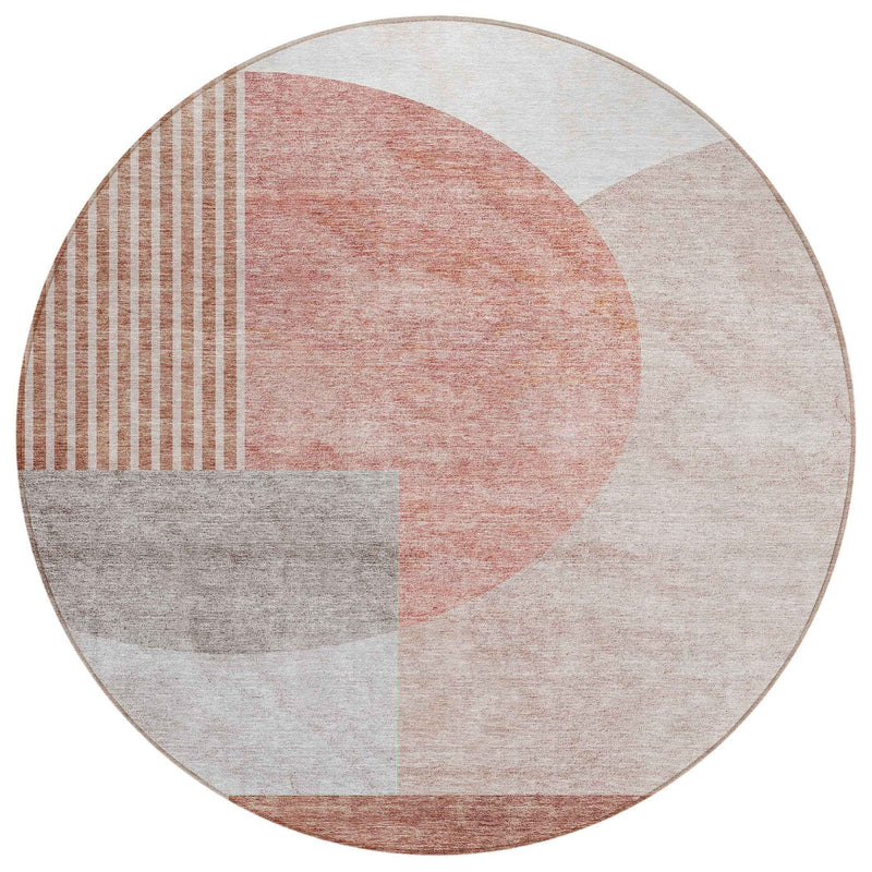 8' Copper Red And Gray Round Geometric Washable Indoor Outdoor Area Rug