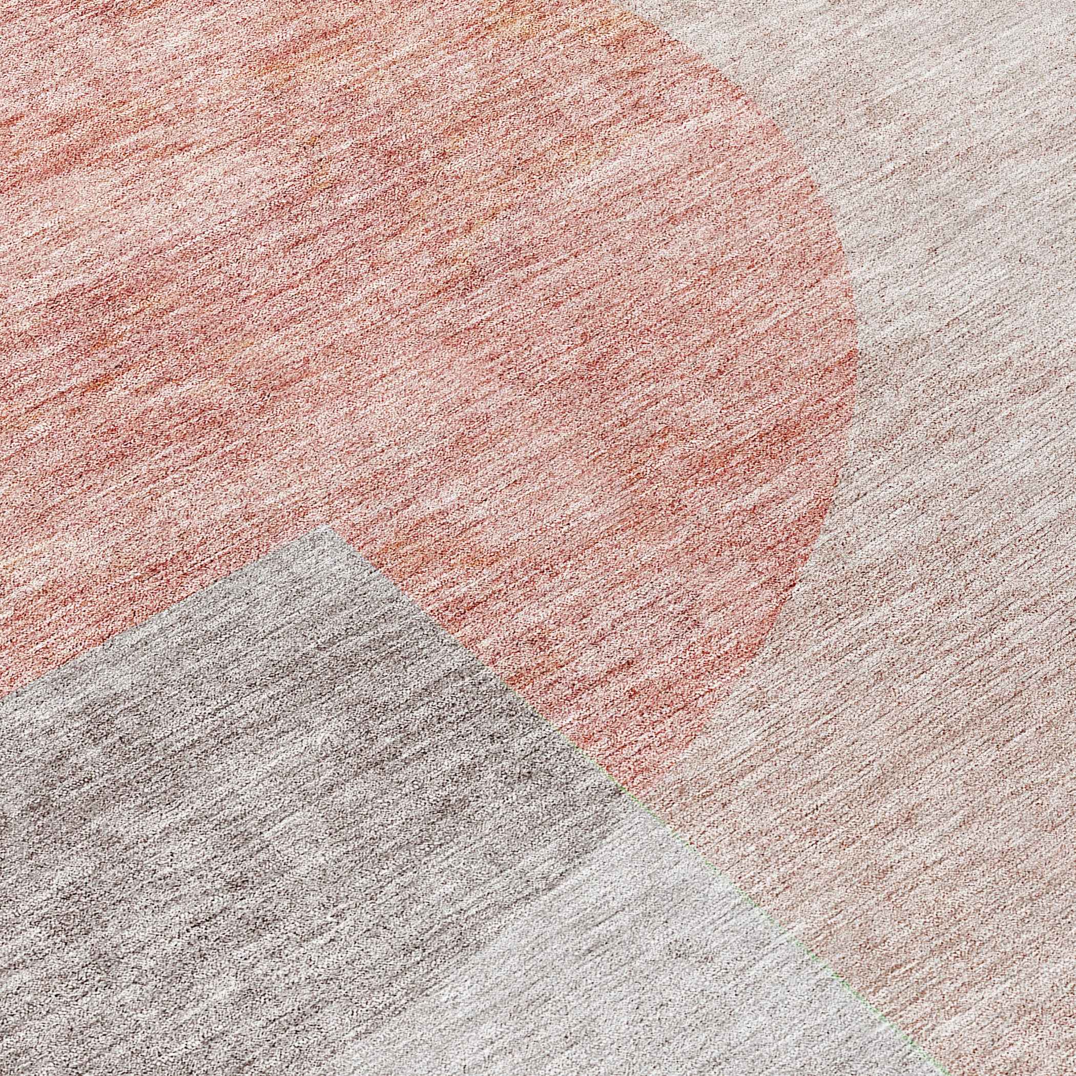 8' Copper Red And Gray Round Geometric Washable Indoor Outdoor Area Rug