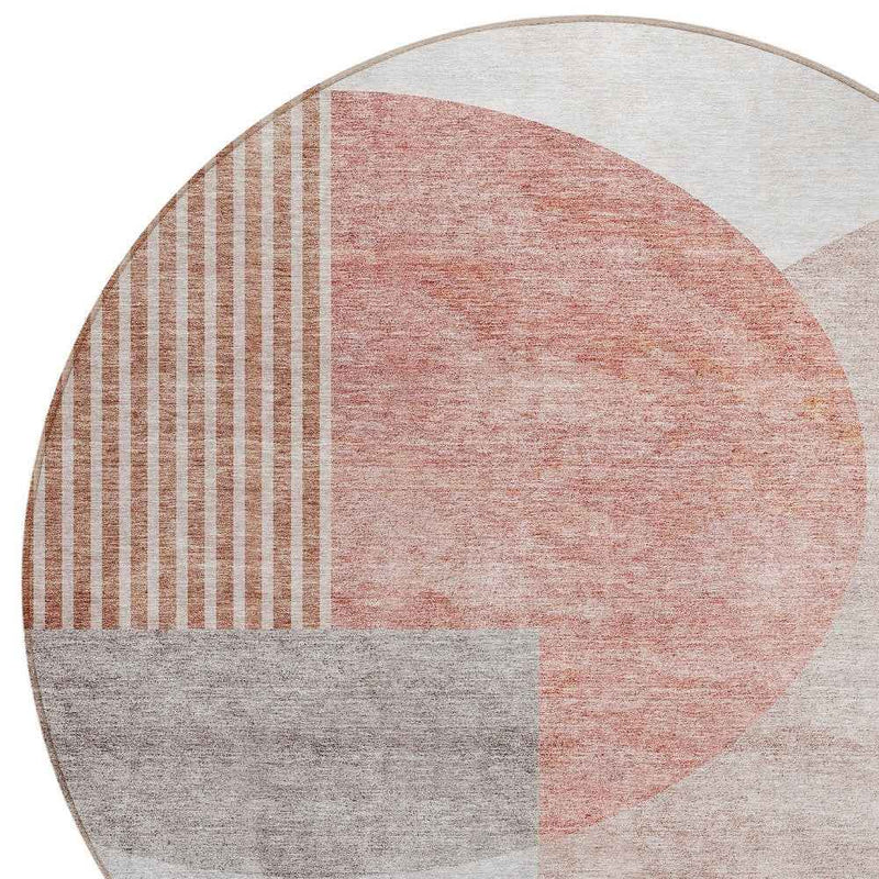 8' Copper Red And Gray Round Geometric Washable Indoor Outdoor Area Rug