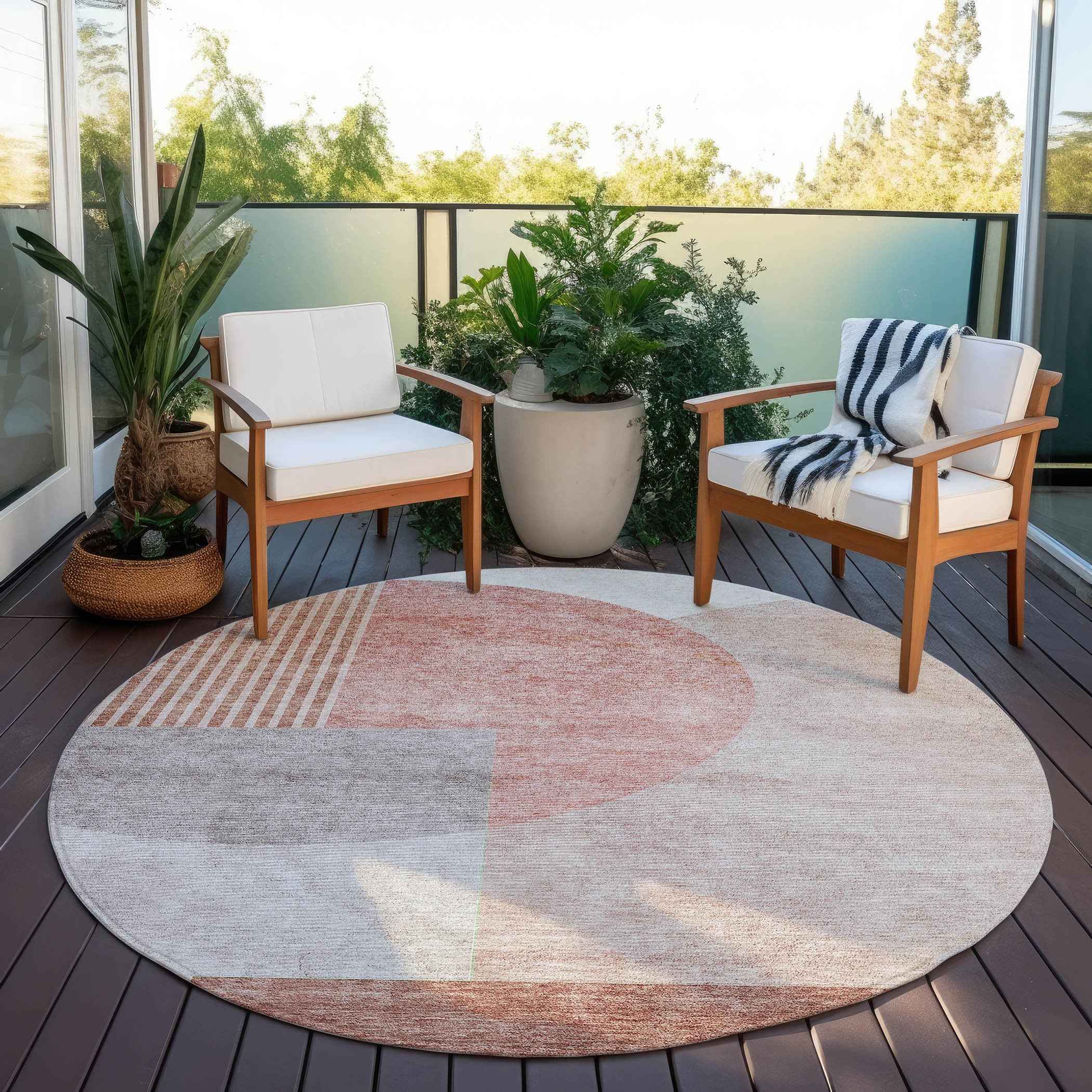 8' Copper Red And Gray Round Geometric Washable Indoor Outdoor Area Rug