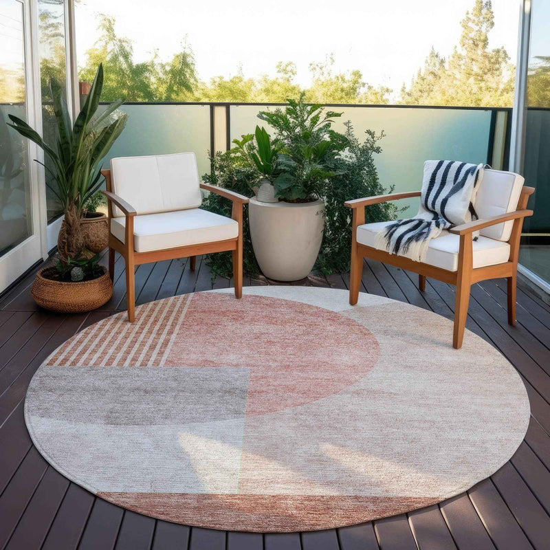 8' Copper Red And Gray Round Geometric Washable Indoor Outdoor Area Rug