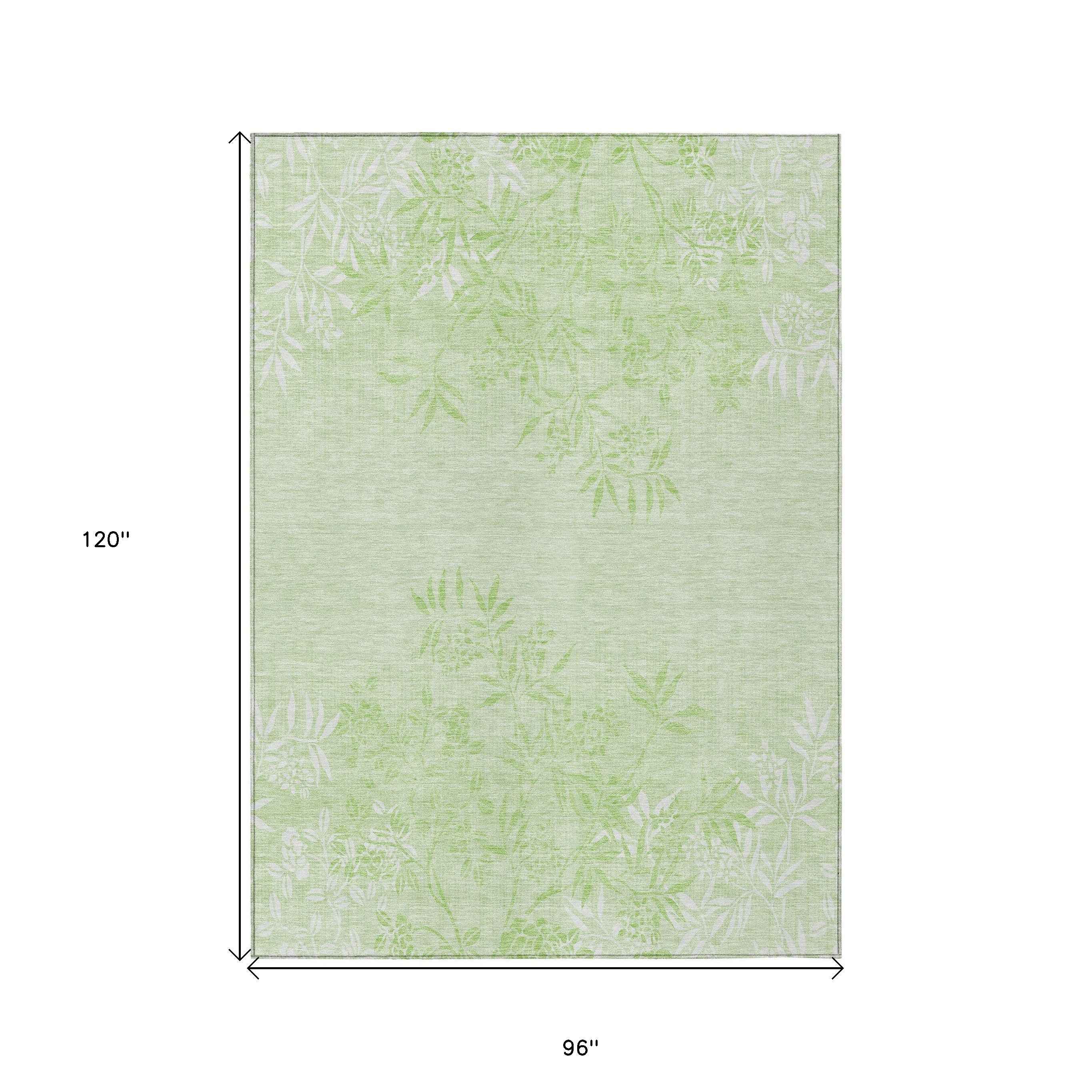 8' X 10' Mint Green Artichoke Green And Ivory Floral Washable Indoor Outdoor Area Rug