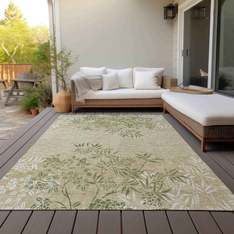 3' X 5' Khaki Ivory And Green Floral Washable Indoor Outdoor Area Rug