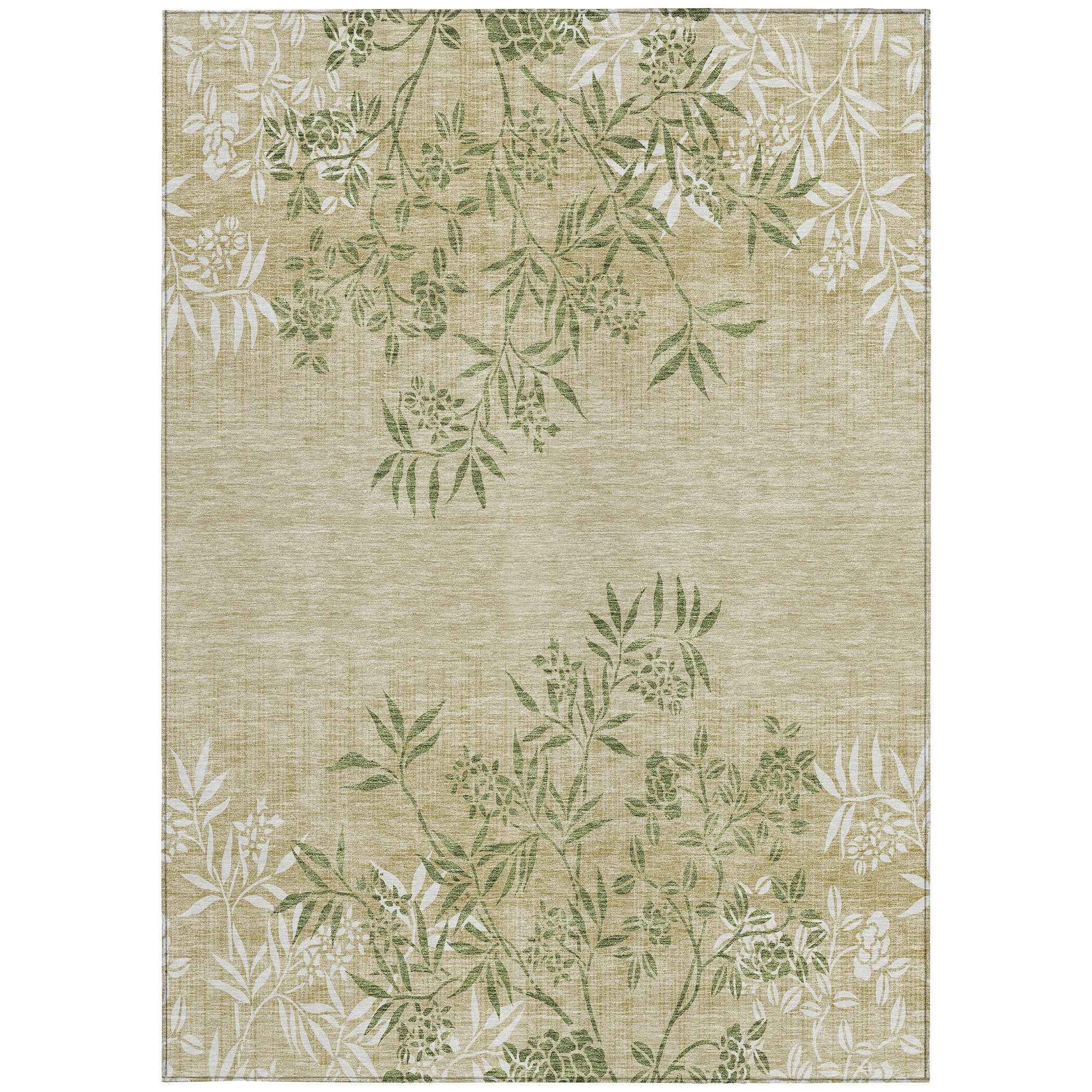 3' X 5' Khaki Ivory And Green Floral Washable Indoor Outdoor Area Rug