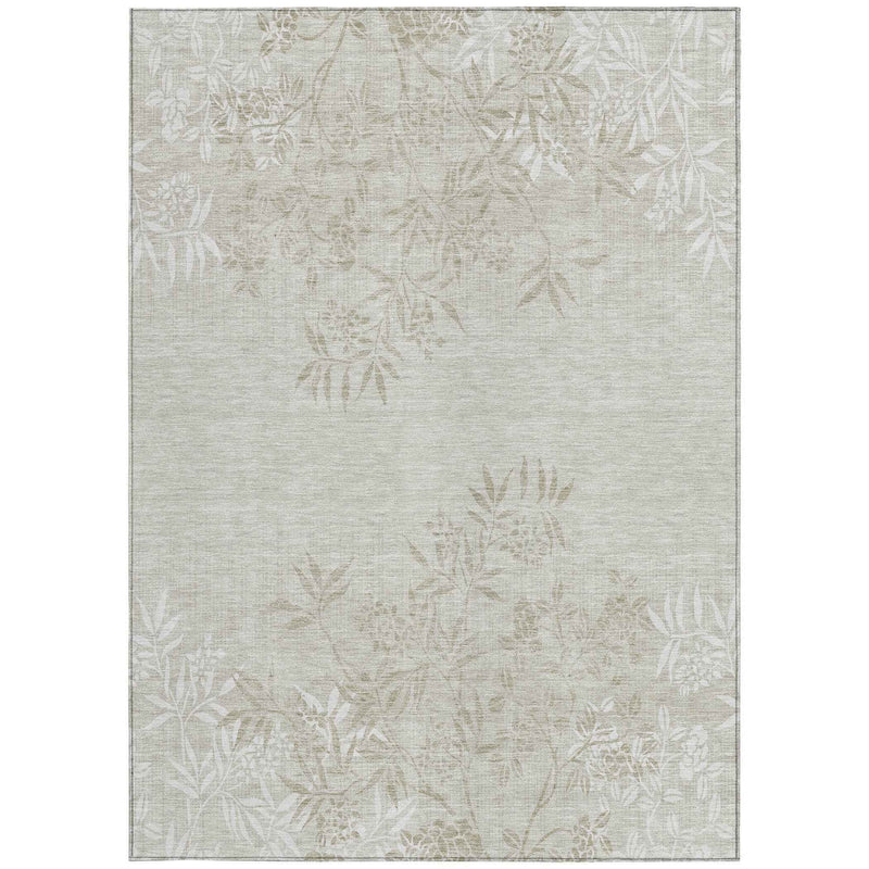 9' X 12' Beige Tan And Ivory Floral Washable Indoor Outdoor Area Rug