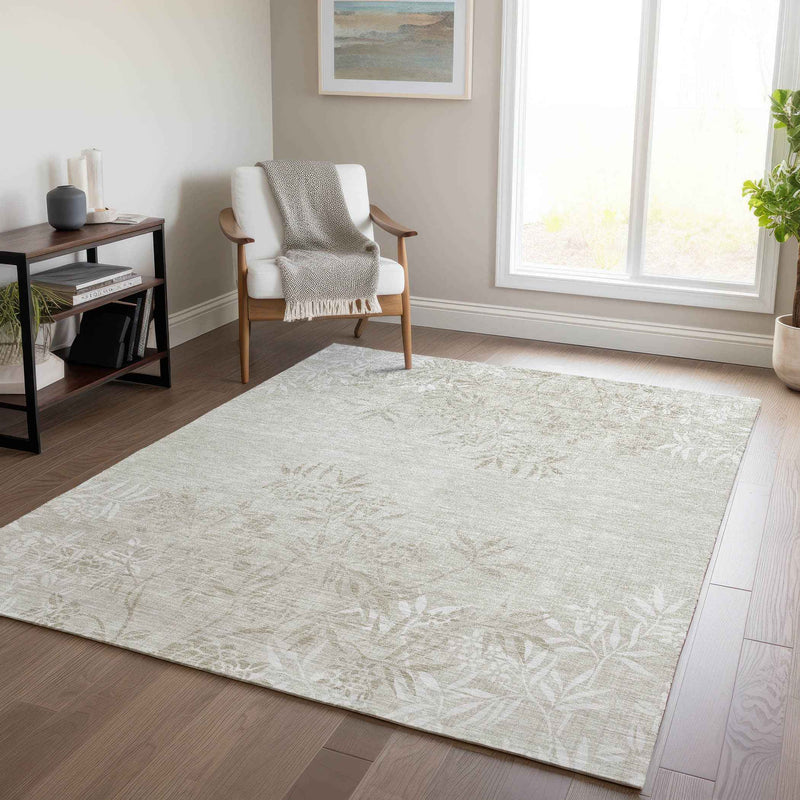 9' X 12' Beige Tan And Ivory Floral Washable Indoor Outdoor Area Rug