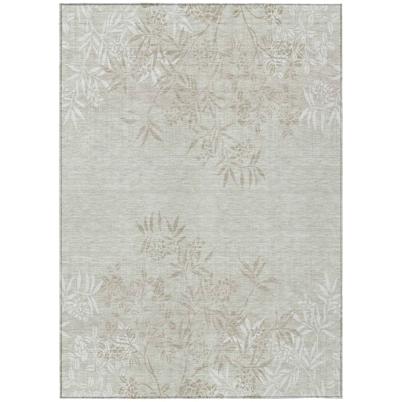 9' X 12' Beige Tan And Ivory Floral Washable Indoor Outdoor Area Rug