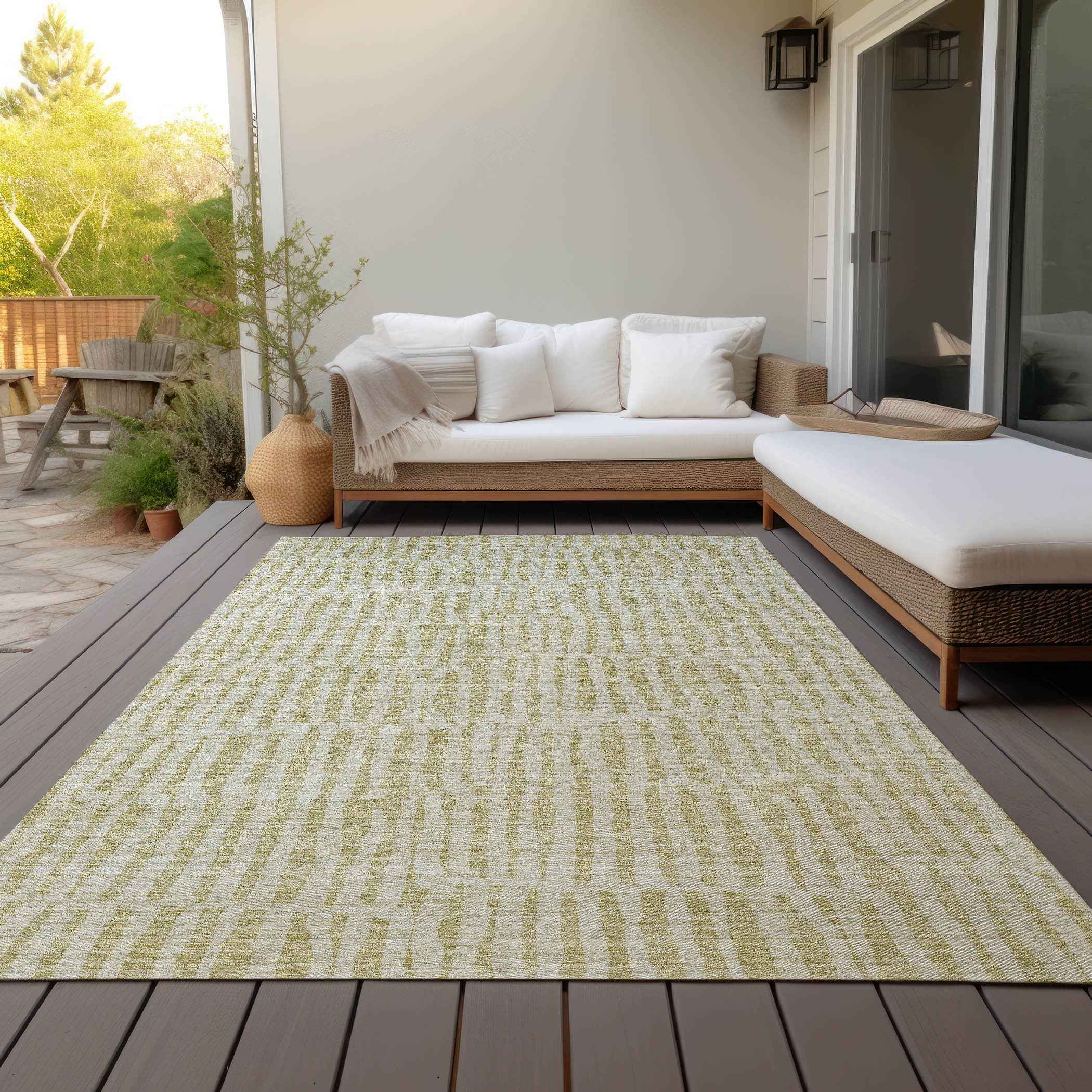 10' X 14' Beige And Tan Striped Washable Indoor Outdoor Area Rug