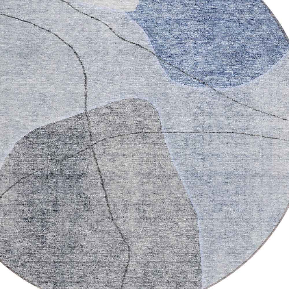 8' Denim Blue And Sky Blue Round Abstract Washable Indoor Outdoor Area Rug
