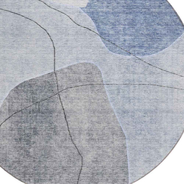 8' Denim Blue And Sky Blue Round Abstract Washable Indoor Outdoor Area Rug