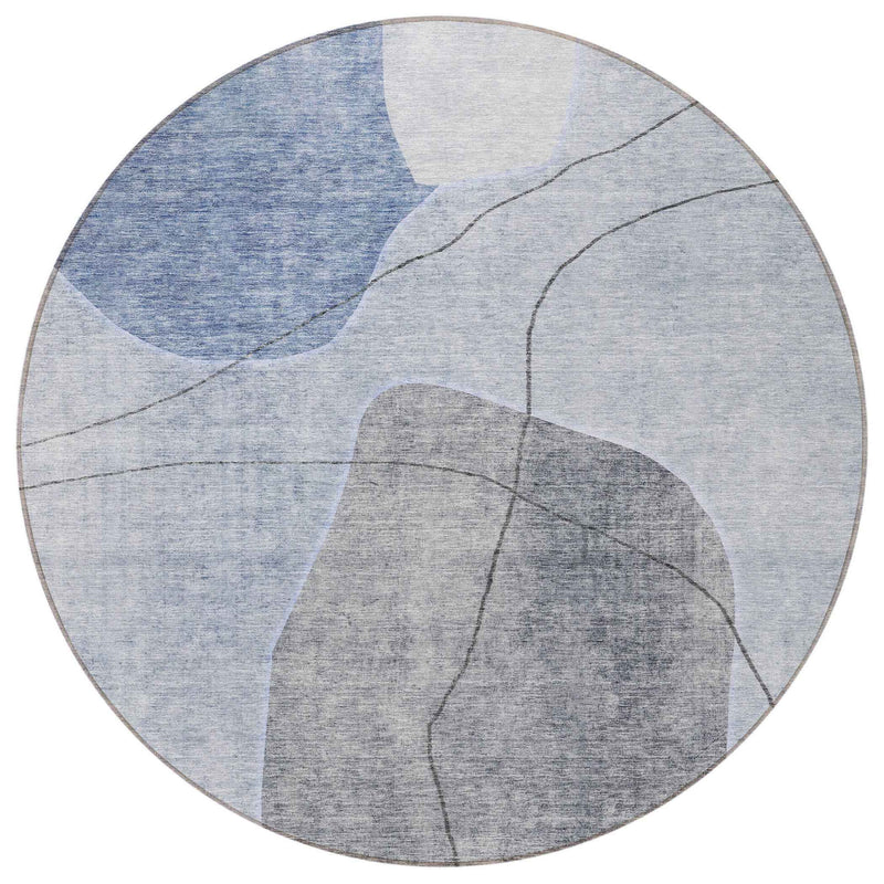 8' Denim Blue And Sky Blue Round Abstract Washable Indoor Outdoor Area Rug