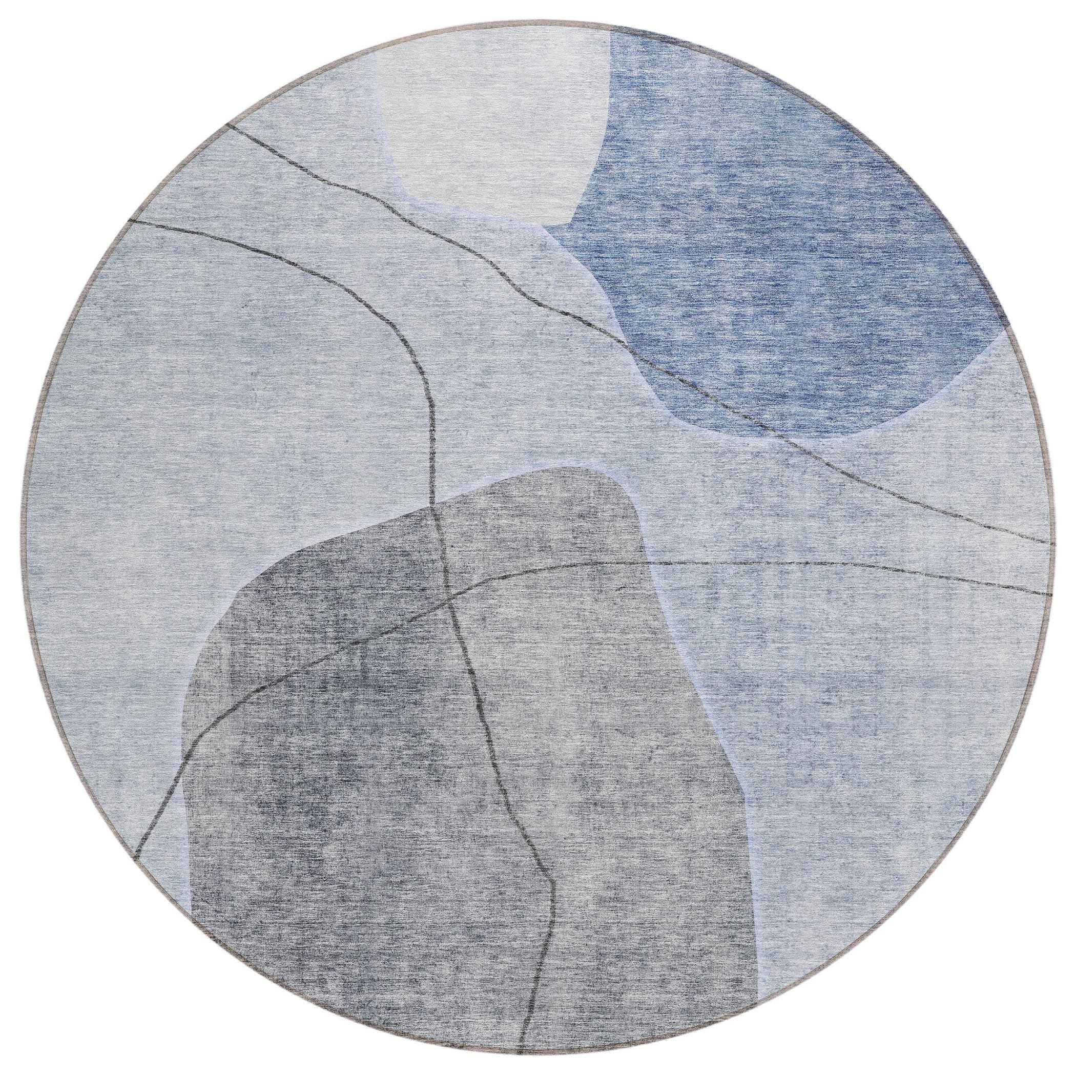 8' Denim Blue And Sky Blue Round Abstract Washable Indoor Outdoor Area Rug