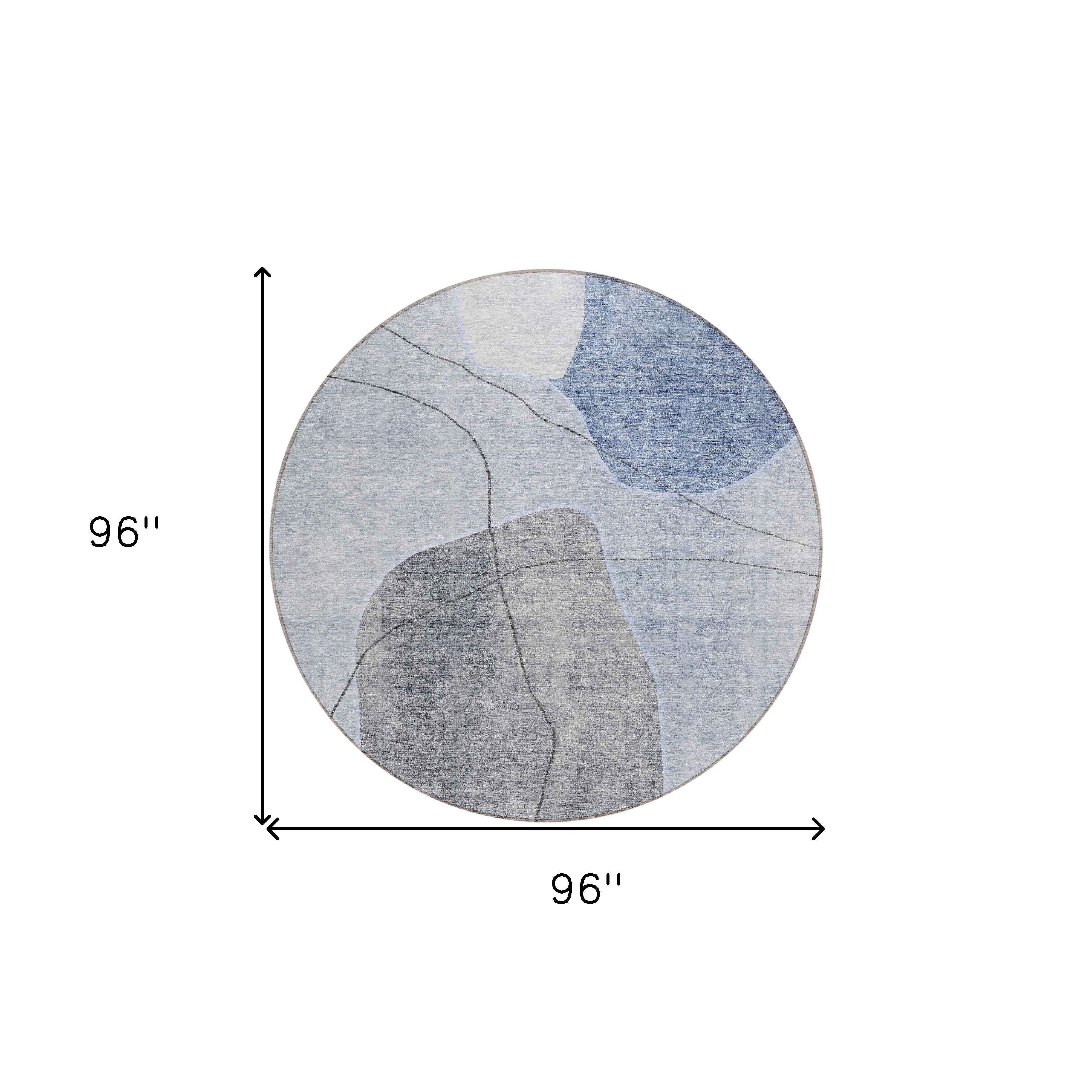 8' Denim Blue And Sky Blue Round Abstract Washable Indoor Outdoor Area Rug