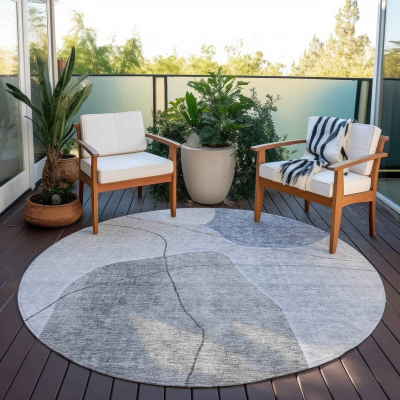 8' Denim Blue And Sky Blue Round Abstract Washable Indoor Outdoor Area Rug
