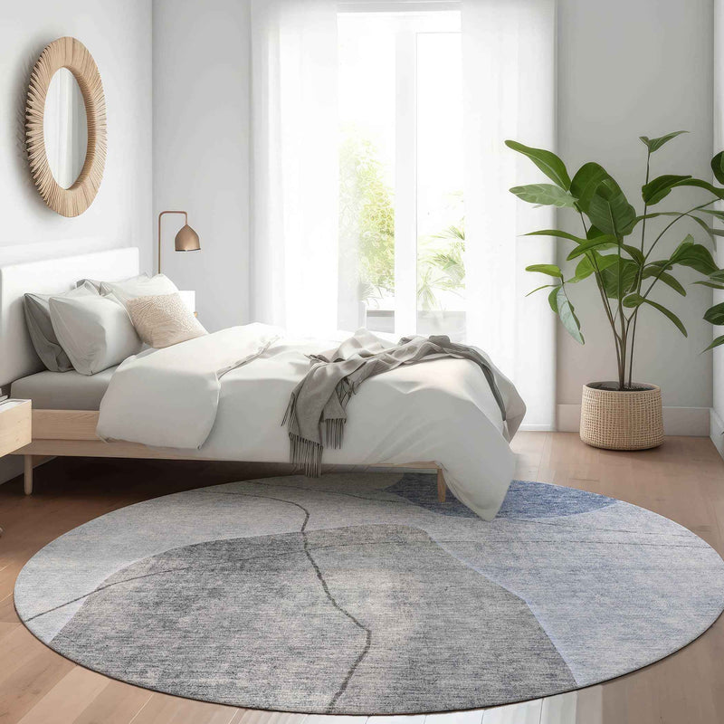 8' Denim Blue And Sky Blue Round Abstract Washable Indoor Outdoor Area Rug