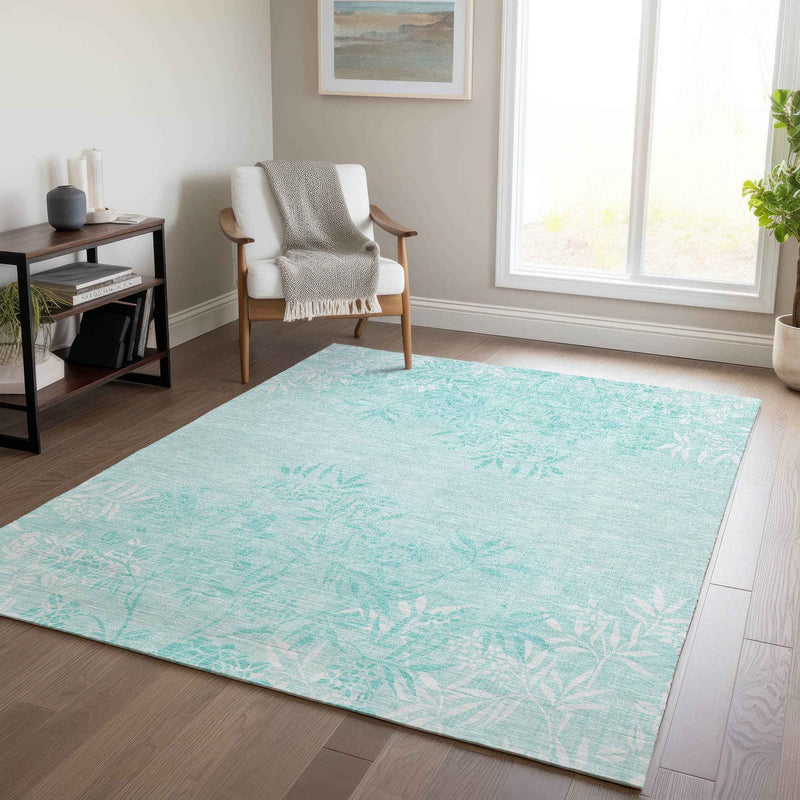 5' X 8' Teal Blue Aqua And Ivory Floral Washable Indoor Outdoor Area Rug