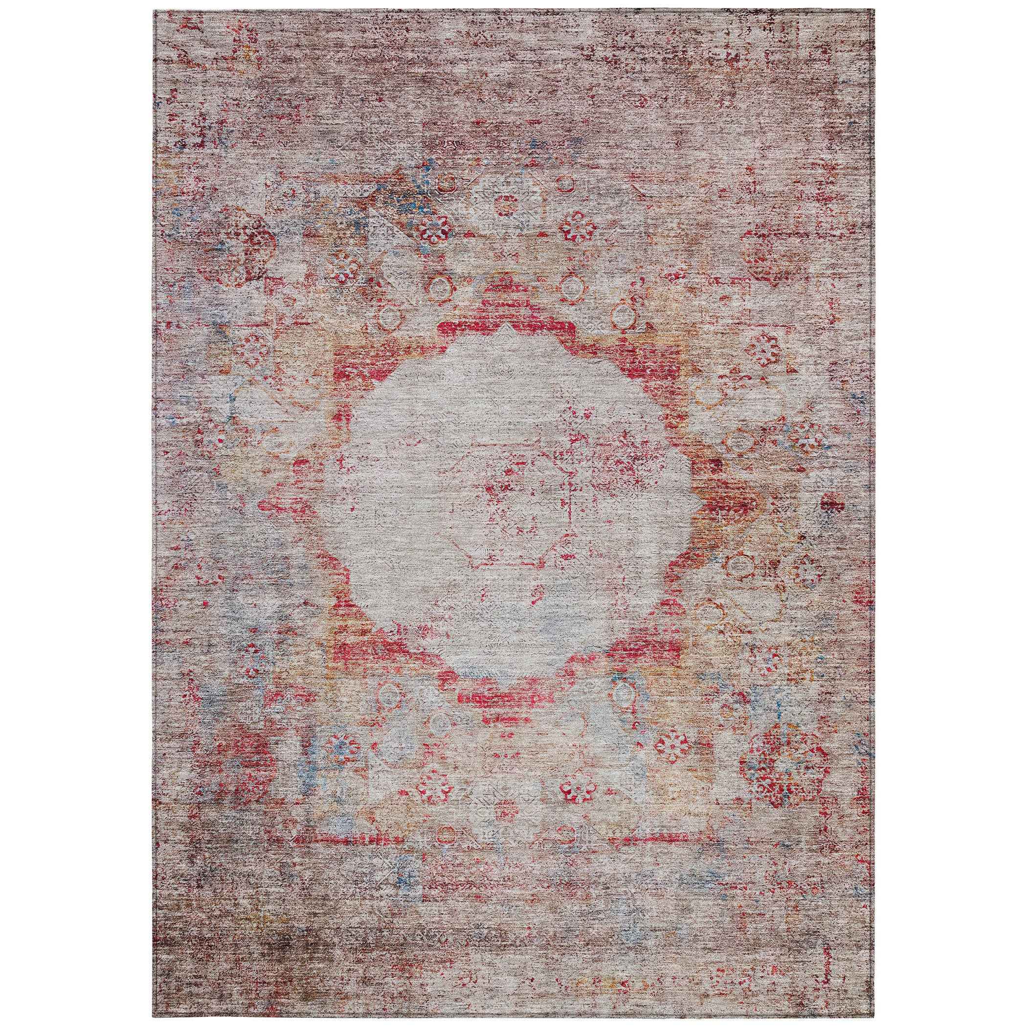 5' X 8' Red Gray And Blue Oriental Washable Indoor Outdoor Area Rug