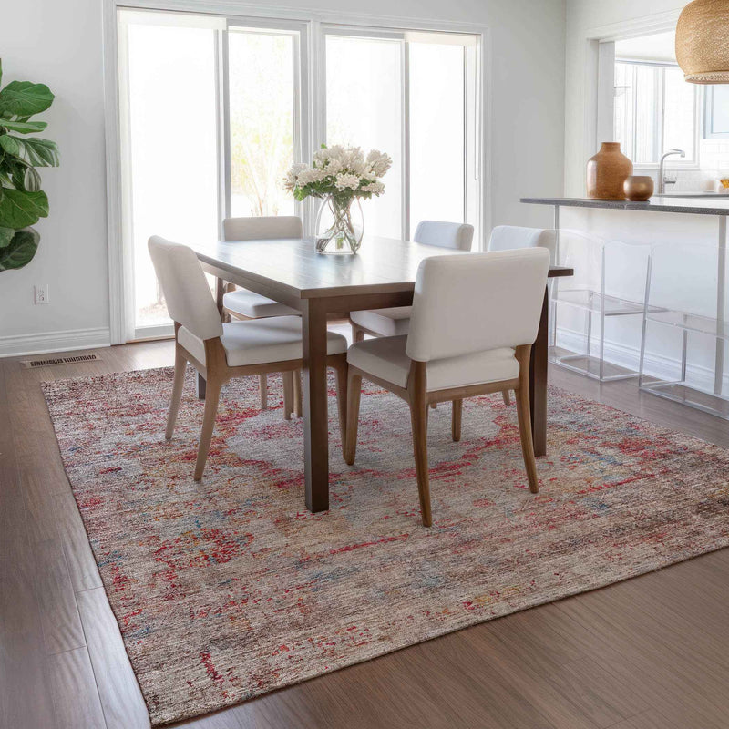 5' X 8' Red Gray And Blue Oriental Washable Indoor Outdoor Area Rug