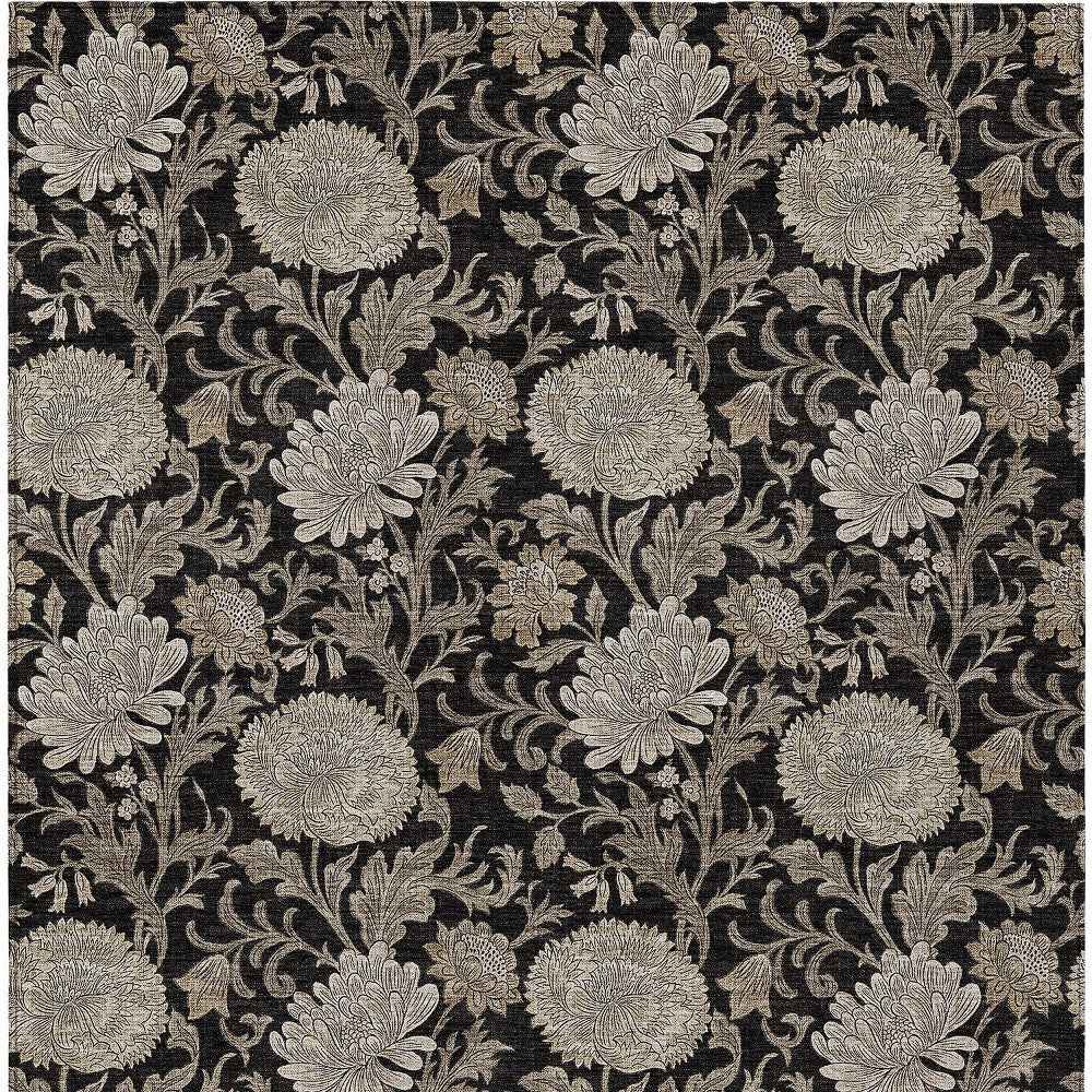 5' X 8' Black Taupe And Beige Floral Washable Indoor Outdoor Area Rug