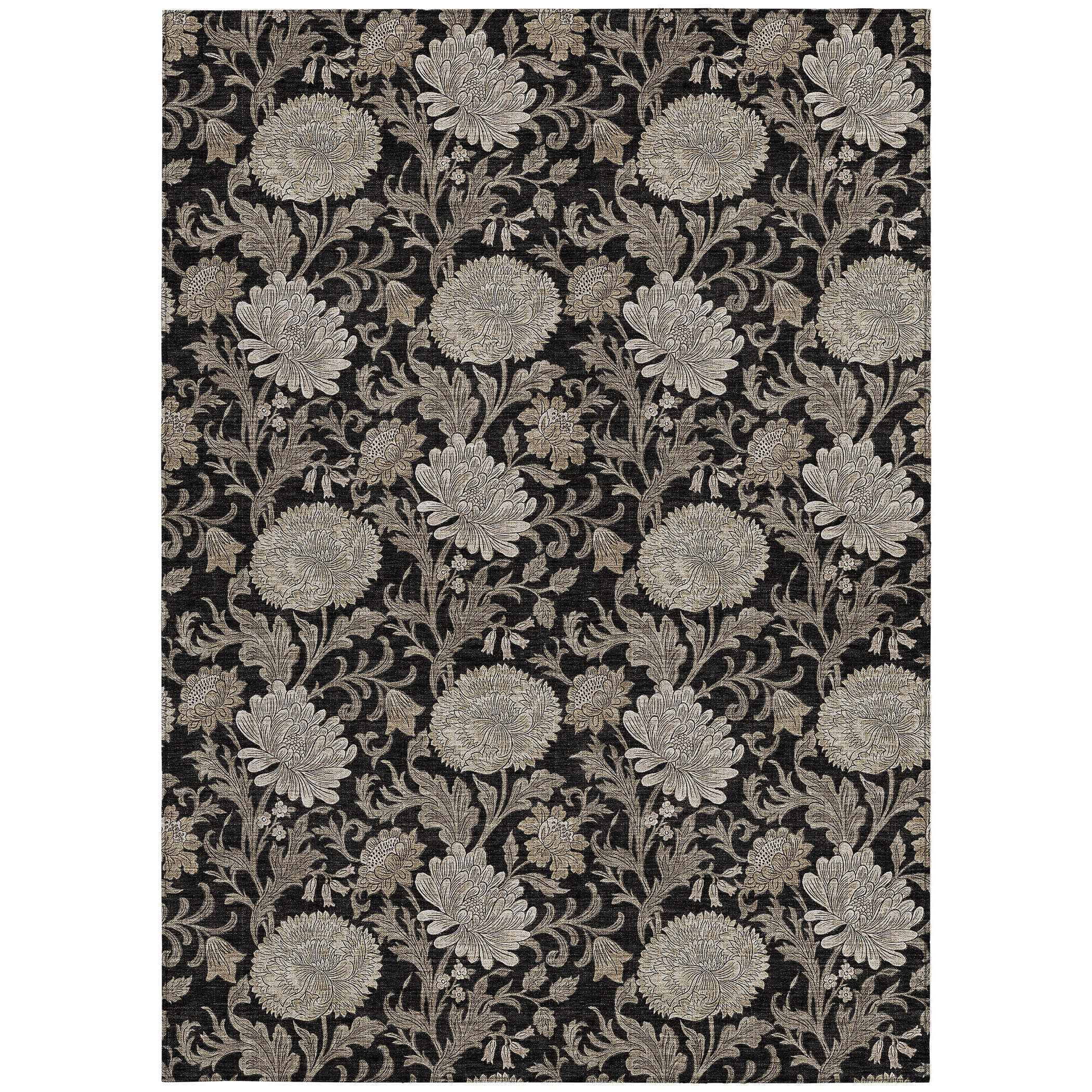 5' X 8' Black Taupe And Beige Floral Washable Indoor Outdoor Area Rug