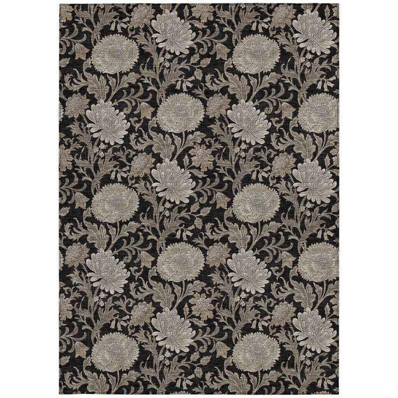 5' X 8' Black Taupe And Beige Floral Washable Indoor Outdoor Area Rug