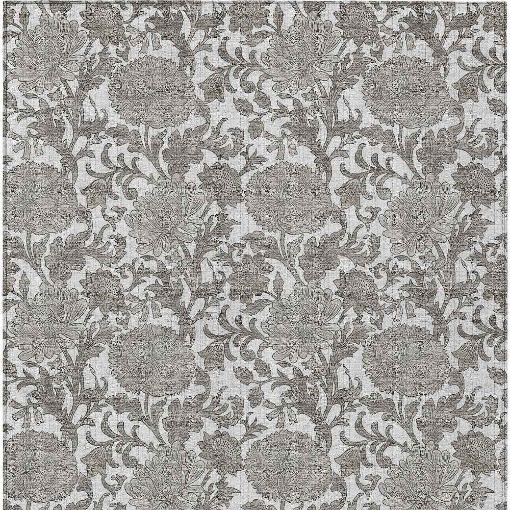 9' X 12' Ivory And Gray Floral Washable Indoor Outdoor Area Rug