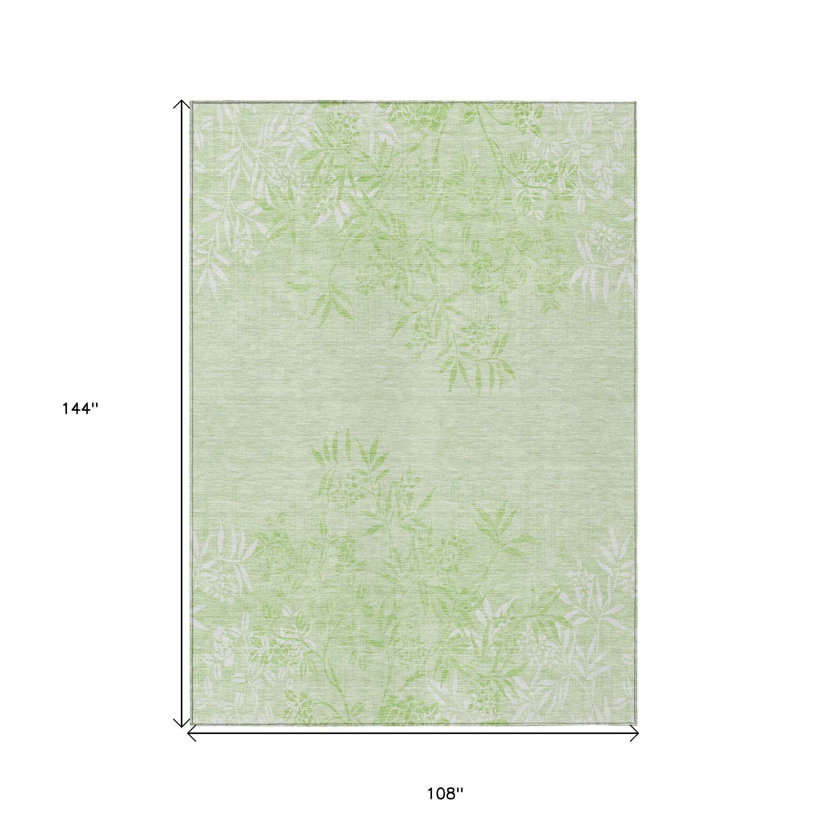 9' X 12' Mint Green Artichoke Green And Ivory Floral Washable Indoor Outdoor Area Rug