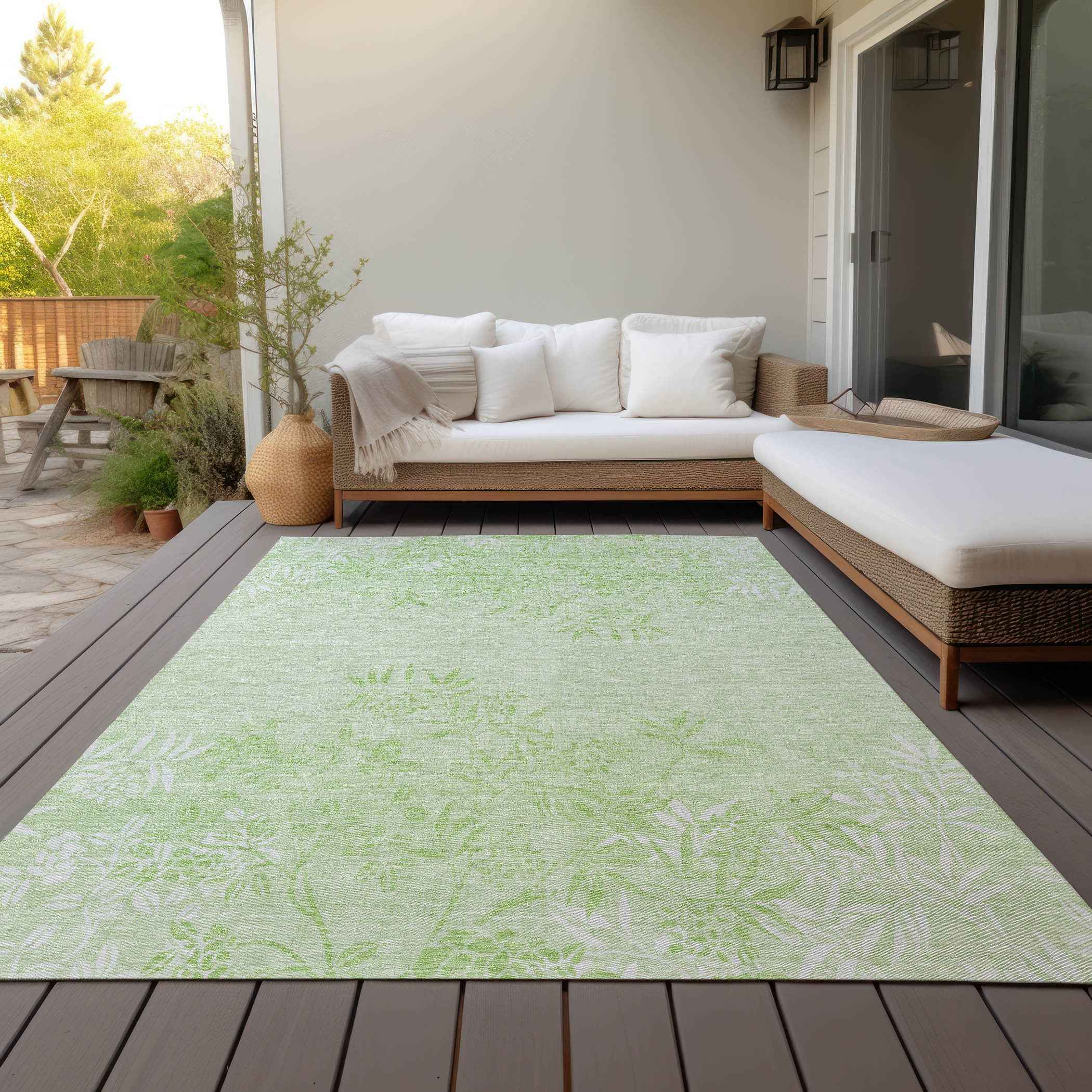 9' X 12' Mint Green Artichoke Green And Ivory Floral Washable Indoor Outdoor Area Rug