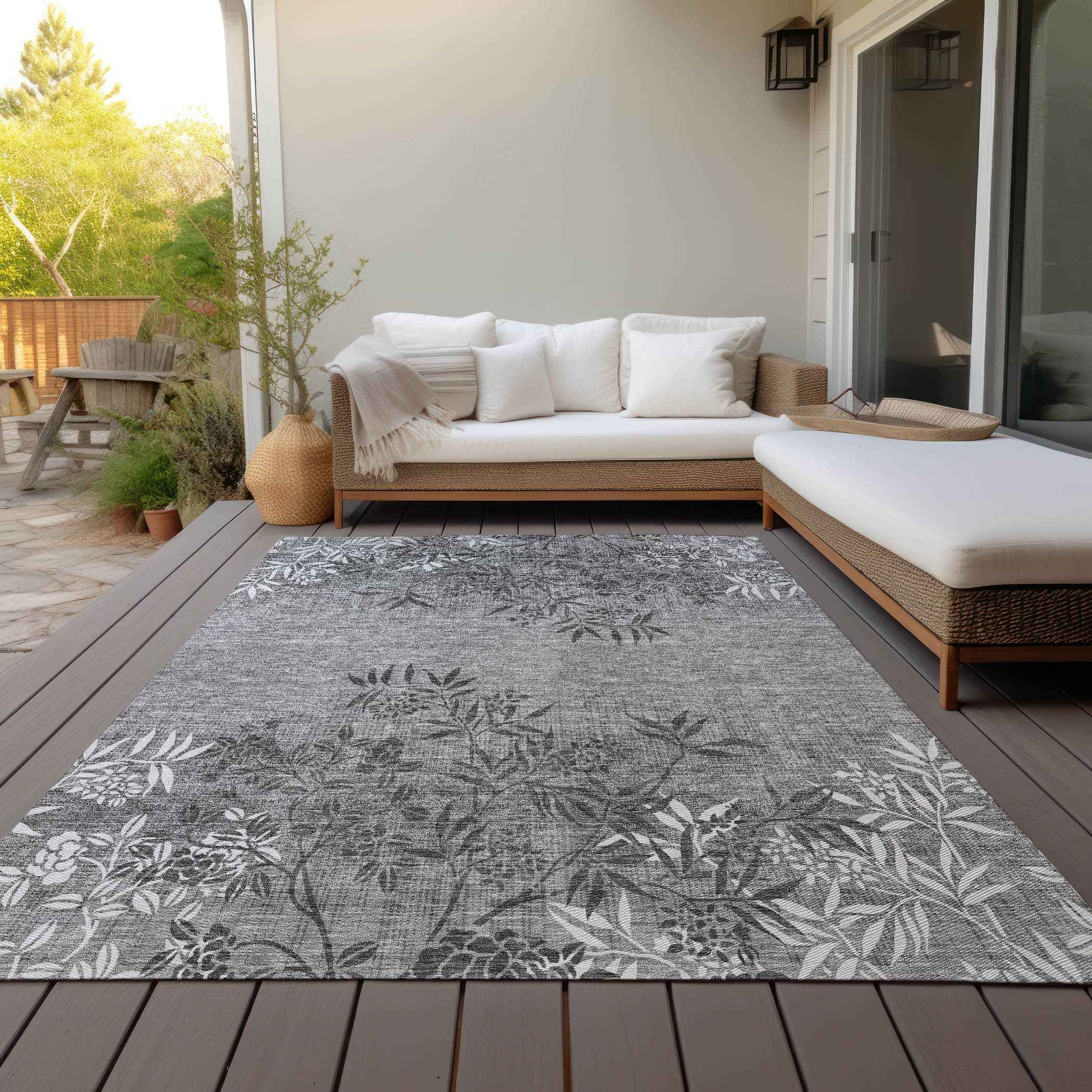 3' X 5' Gray Charcoal And Ivory Floral Washable Indoor Outdoor Area Rug