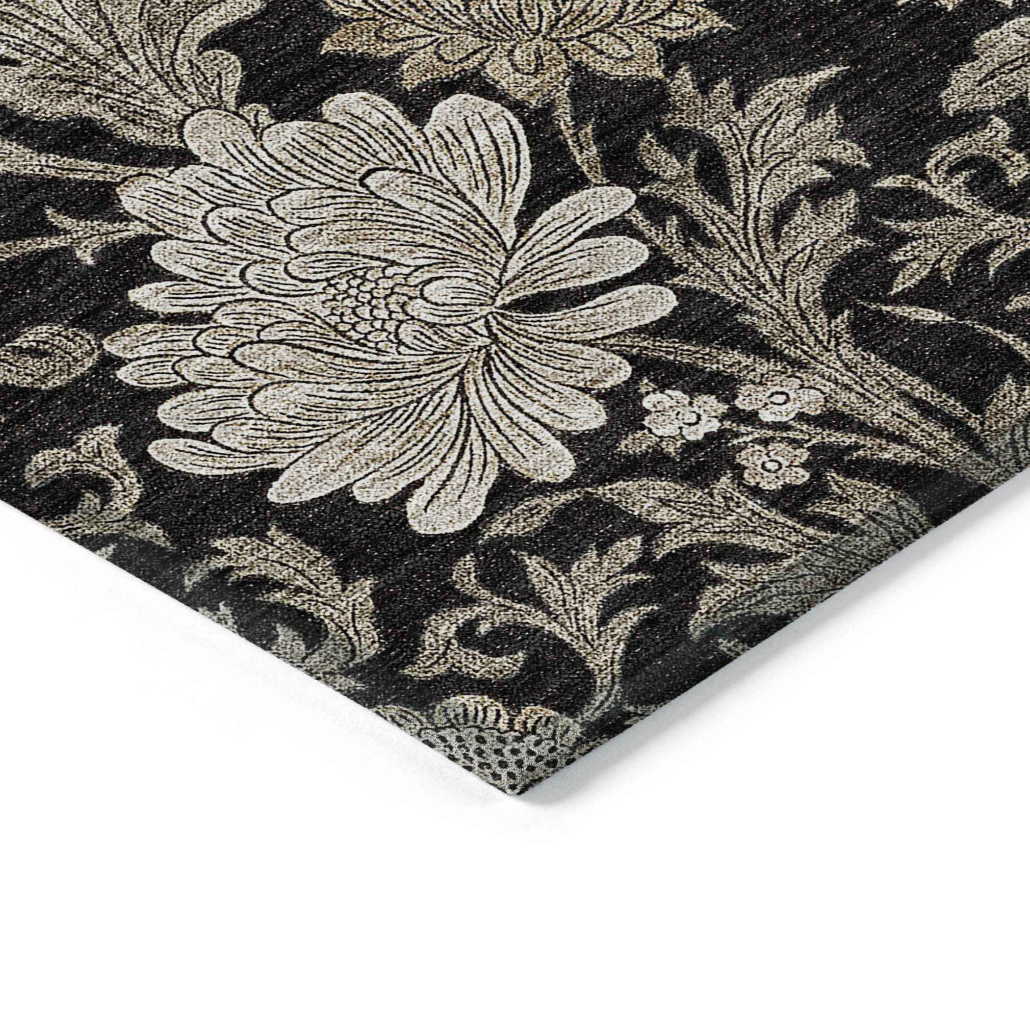 10' X 14' Black Taupe And Beige Floral Washable Indoor Outdoor Area Rug