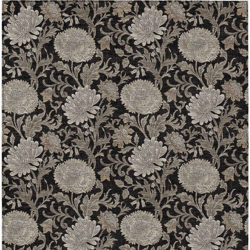 10' X 14' Black Taupe And Beige Floral Washable Indoor Outdoor Area Rug