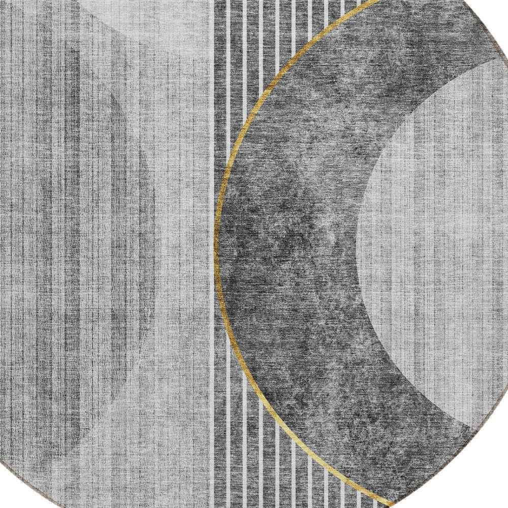 8' Charcoal Gray And Silver Round Geometric Washable Indoor Outdoor Area Rug