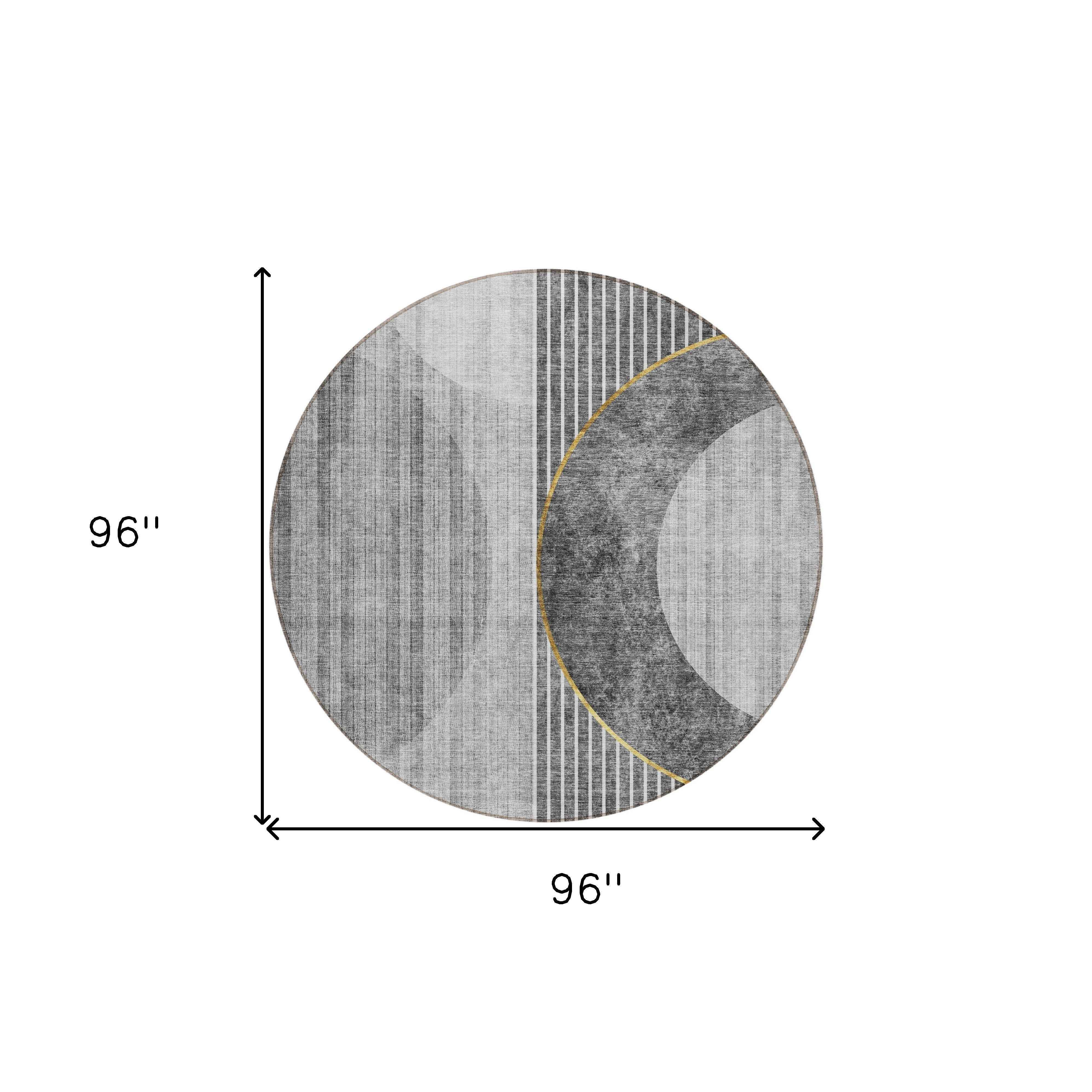 8' Charcoal Gray And Silver Round Geometric Washable Indoor Outdoor Area Rug