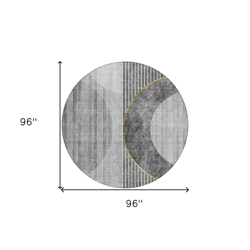 8' Charcoal Gray And Silver Round Geometric Washable Indoor Outdoor Area Rug