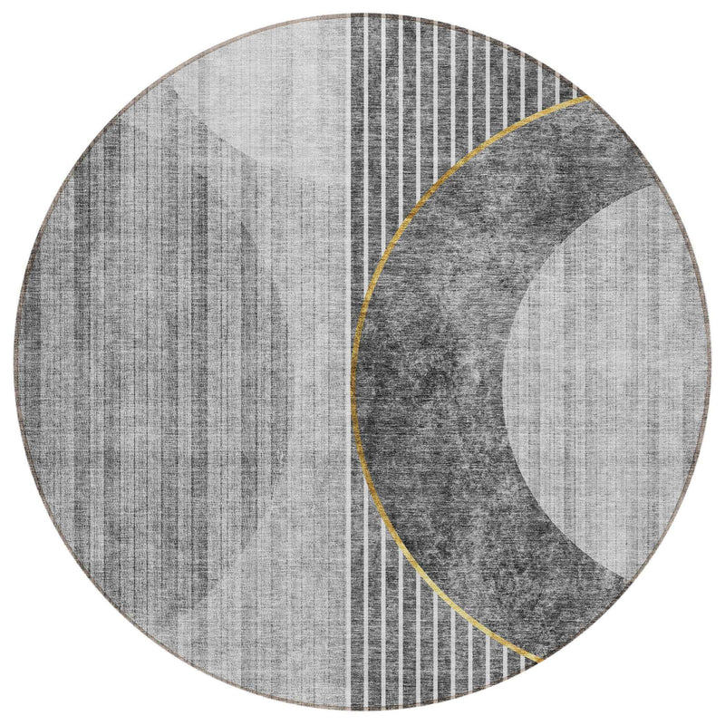 8' Charcoal Gray And Silver Round Geometric Washable Indoor Outdoor Area Rug