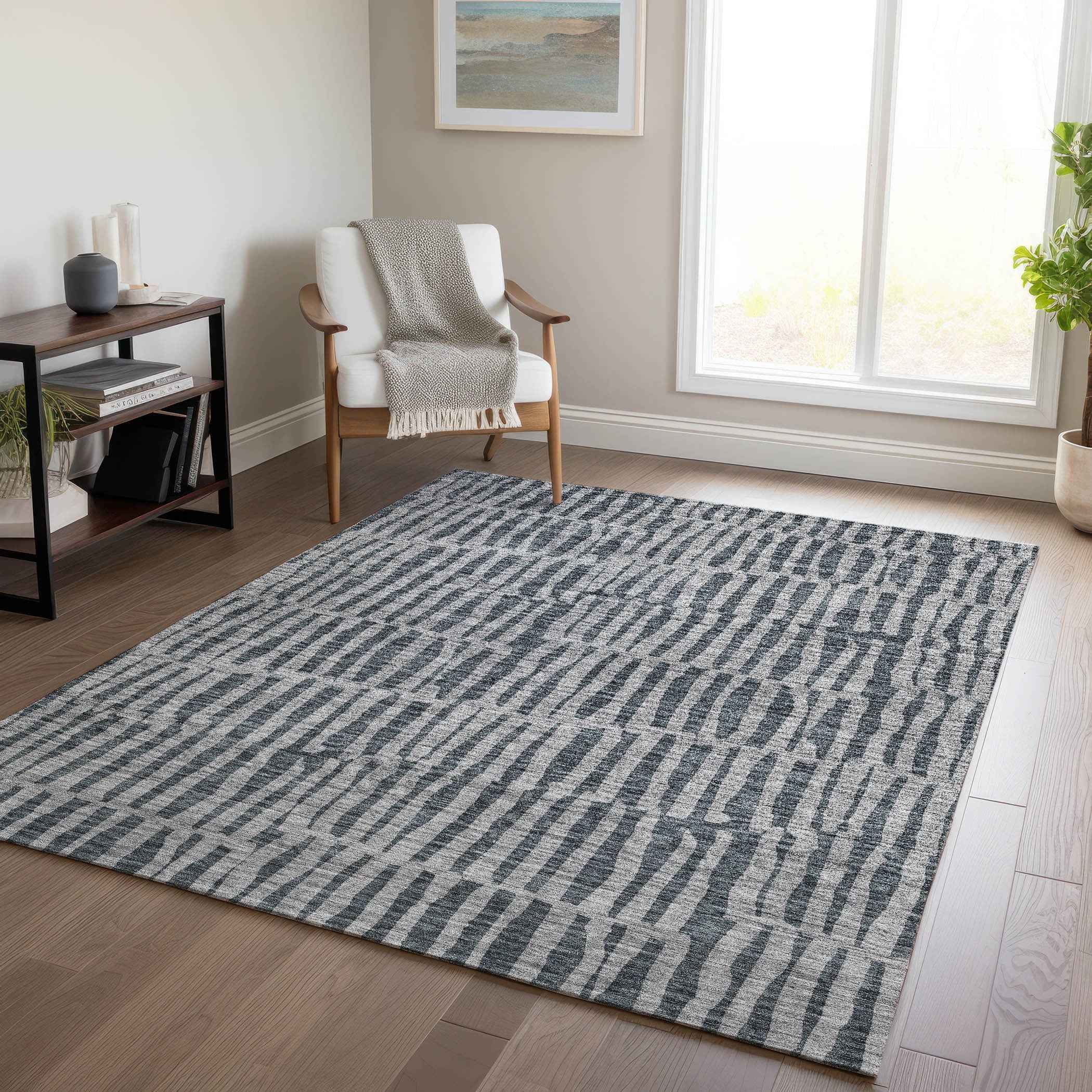 10' X 14' Charcoal And Gray Striped Washable Indoor Outdoor Area Rug