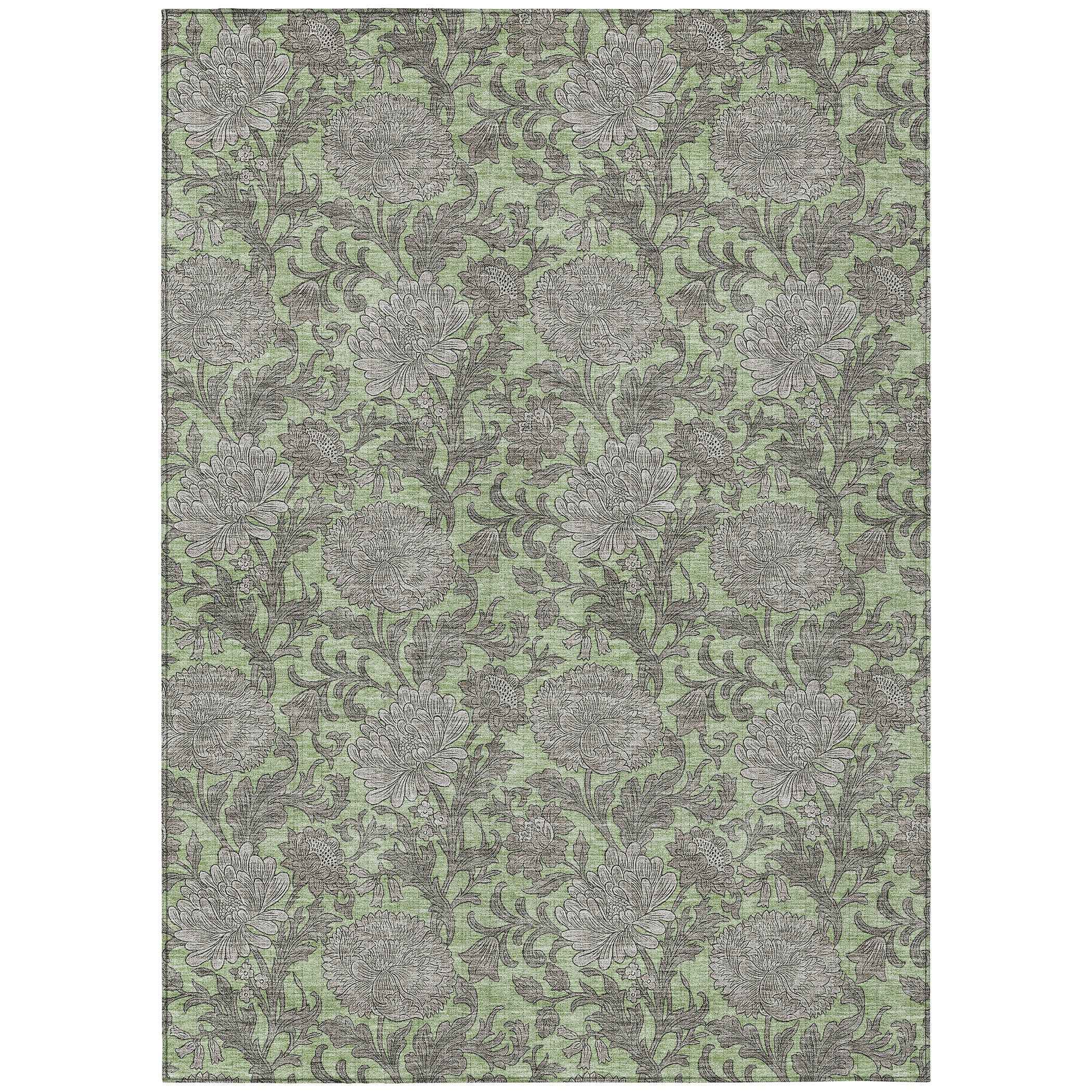 8' X 10' Artichoke Green Gray And Taupe Floral Washable Indoor Outdoor Area Rug