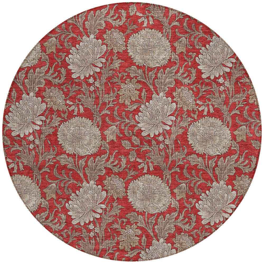 8' Red Taupe And Beige Round Floral Washable Indoor Outdoor Area Rug
