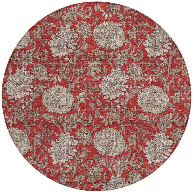 8' Red Taupe And Beige Round Floral Washable Indoor Outdoor Area Rug