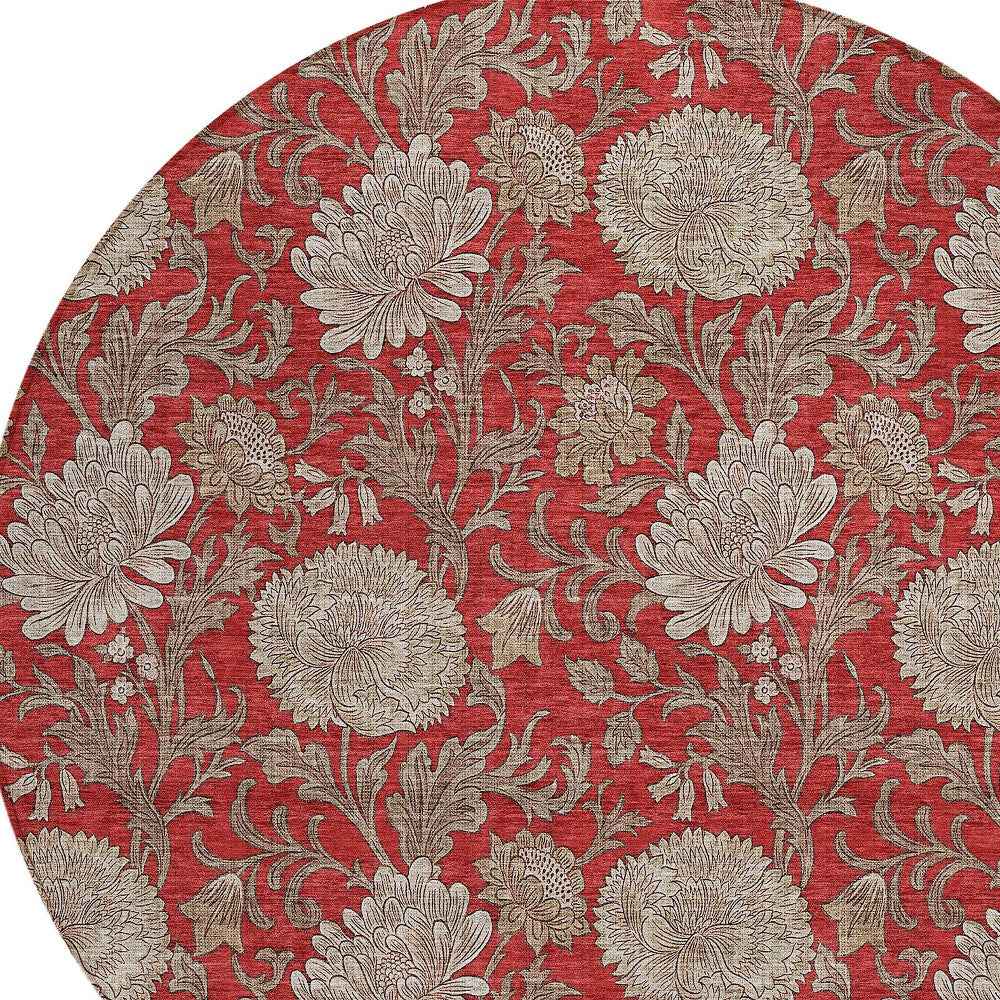 8' Red Taupe And Beige Round Floral Washable Indoor Outdoor Area Rug