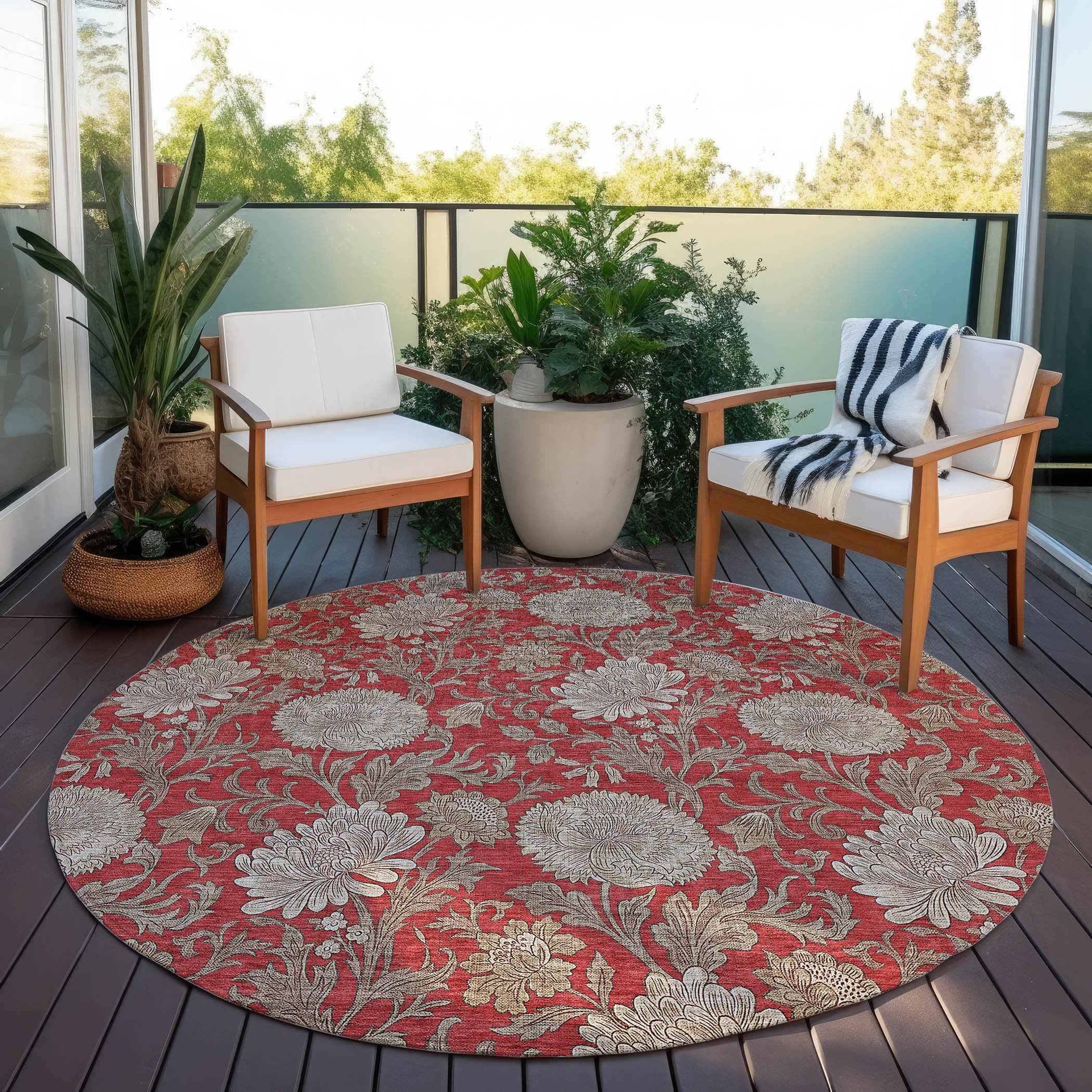 8' Red Taupe And Beige Round Floral Washable Indoor Outdoor Area Rug