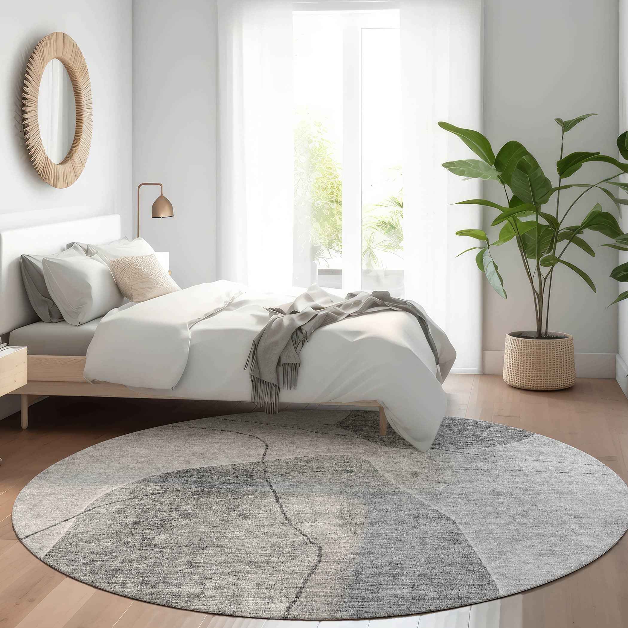 8' Gray Charcoal And Silver Round Abstract Washable Indoor Outdoor Area Rug